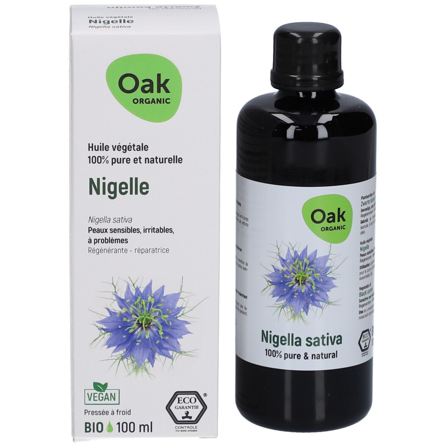 Emballage et flacon. Oak Organic Nigella, 100 ml. Vegan. Certification bio. Illustration de fleur.