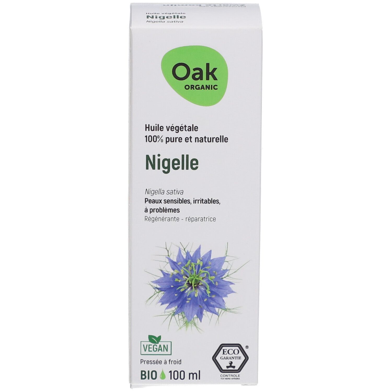 Emballage du produit. Oak Organic Nigella, 100 ml. Vegan. Certification bio. Illustration de fleur.