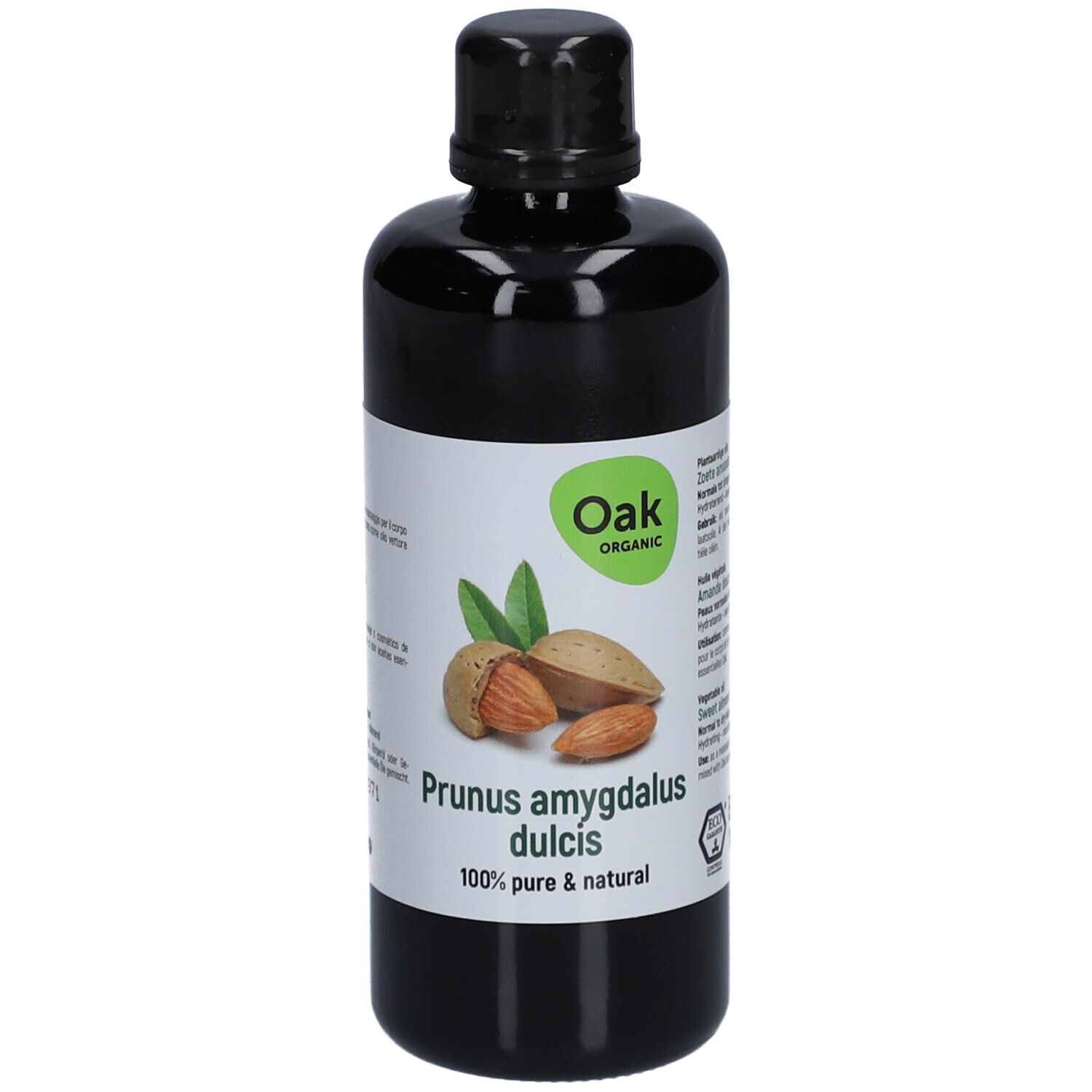 Schwarze Flasche mit Etikett. Auf dem Etikett: Oak Organic, Mandeln, Prunus amygdalus dulcis, 100% rein & natürlich.