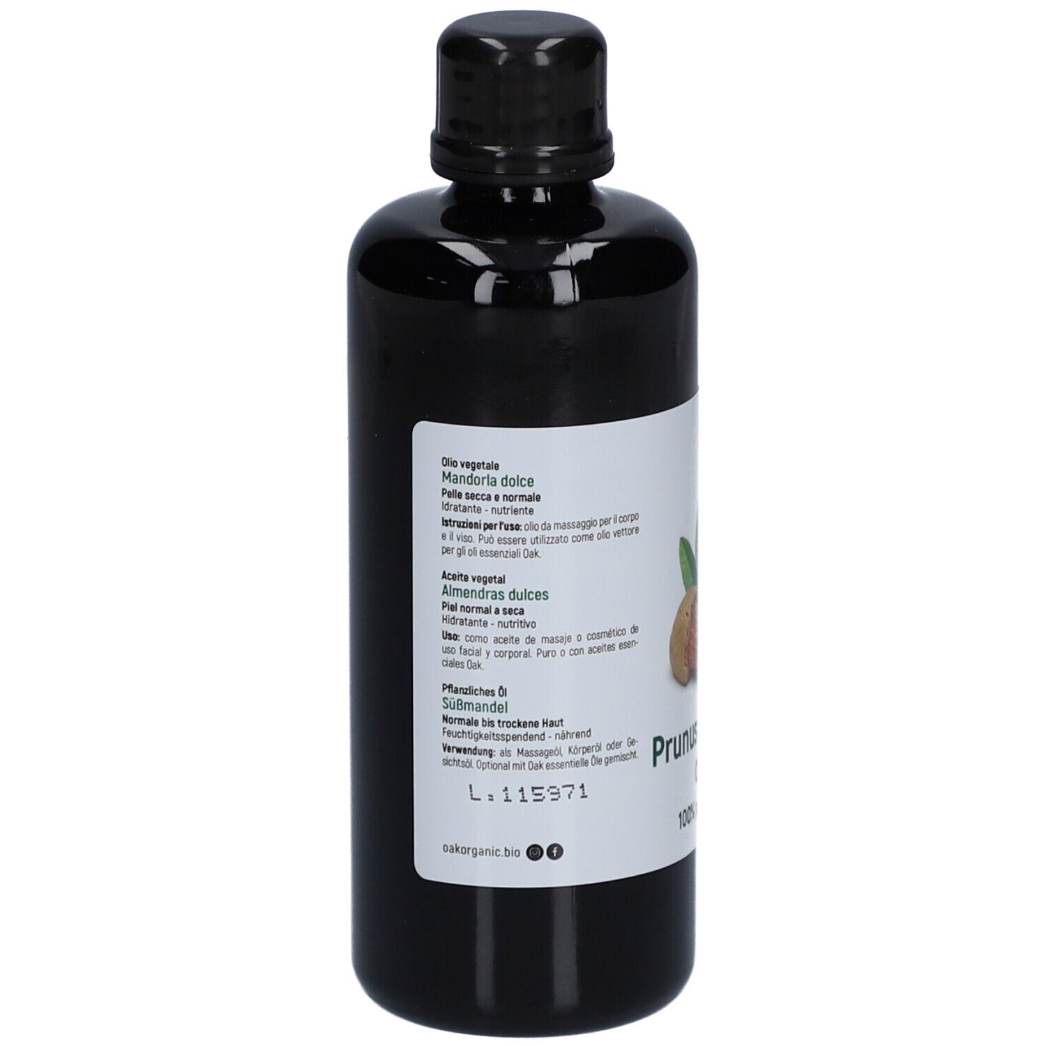 Schwarze Flasche mit Etikett. Etikett mit Text in mehreren Sprachen. Oak Organic, Mandeln, Prunus amygdalus dulcis, 100% rein & natürlich.