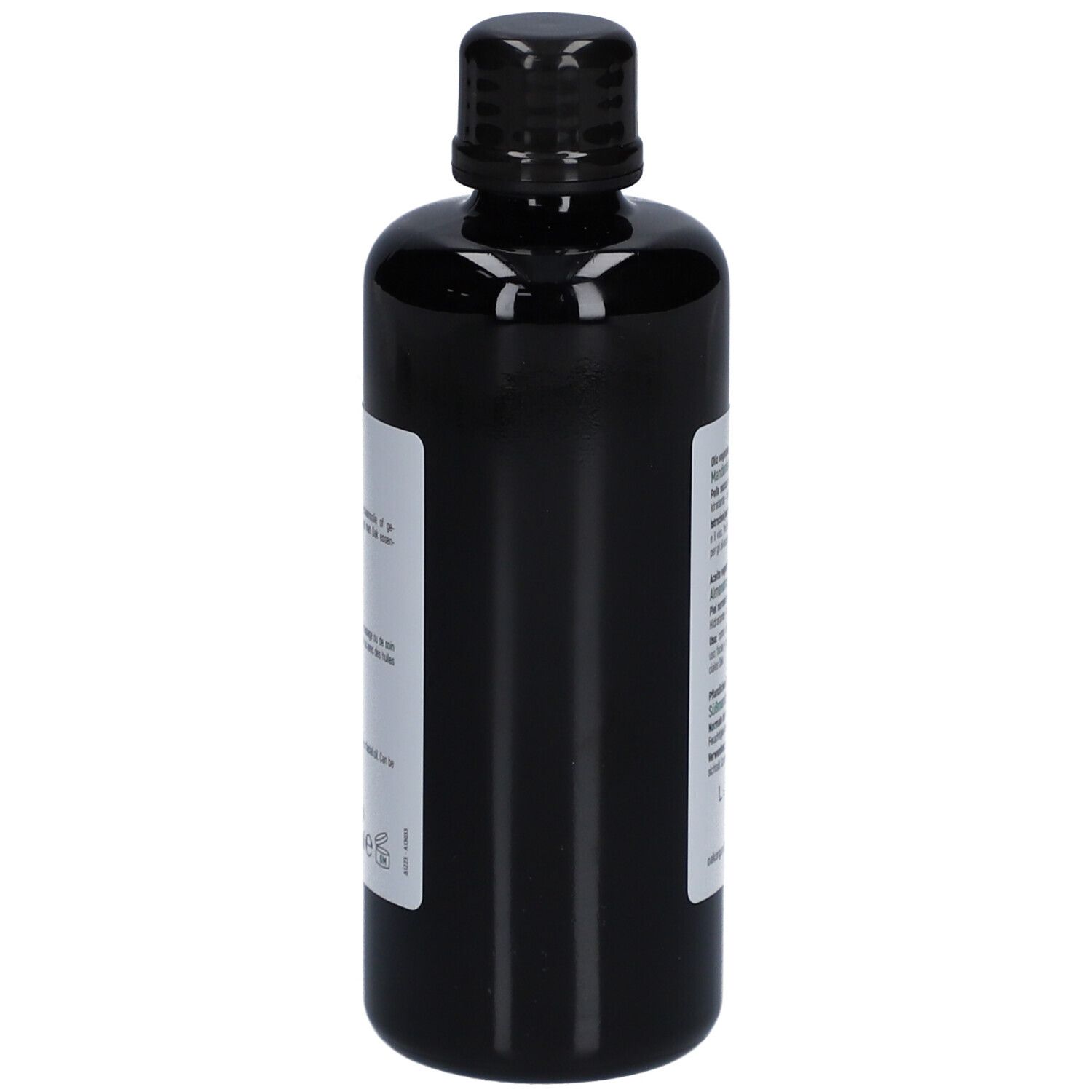 Schwarze Flasche mit Etikett. Etikett mit Text in mehreren Sprachen. Oak Organic, Mandeln, Prunus amygdalus dulcis, 100% rein & natürlich.
