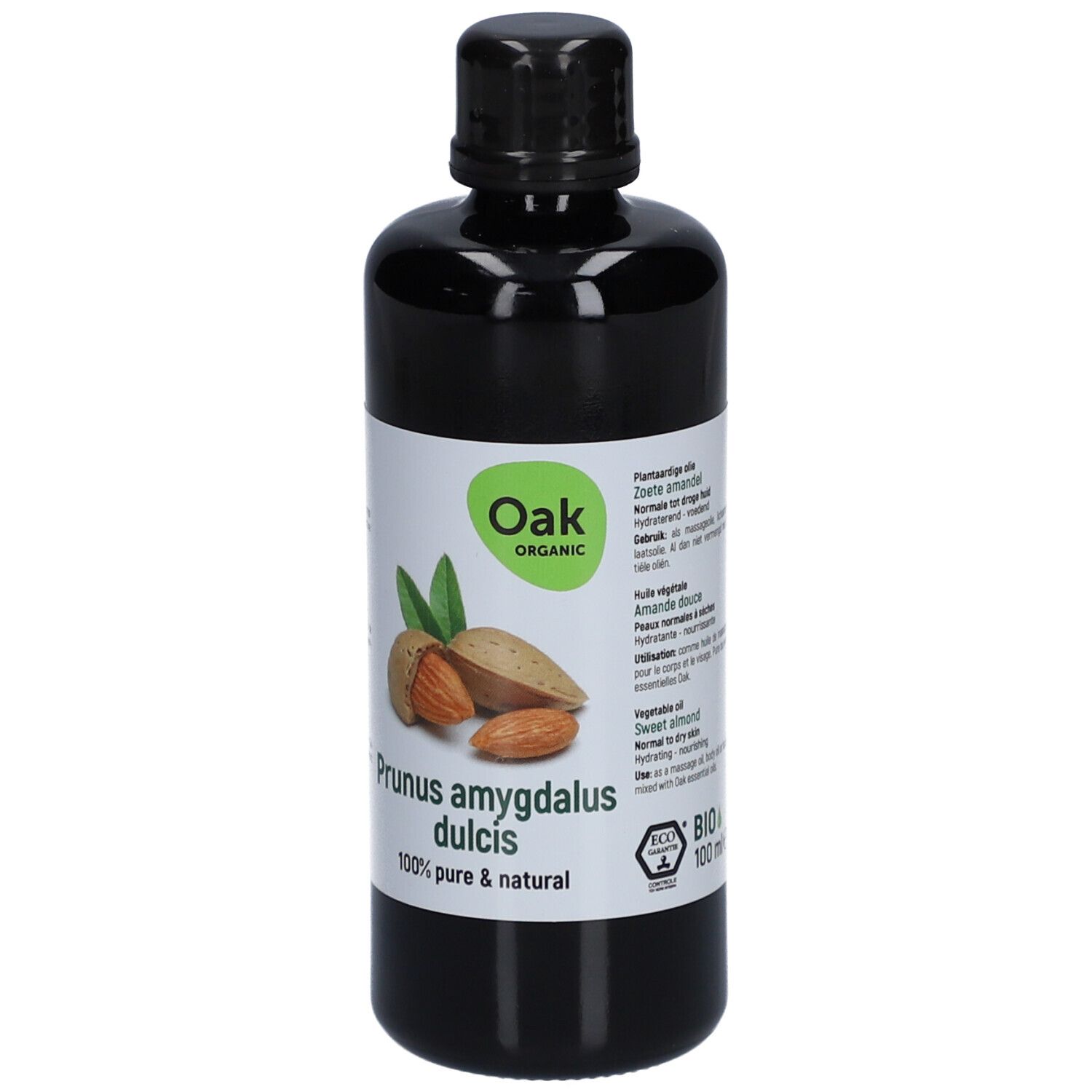 Schwarze Flasche mit Etikett. Etikett mit Text in mehreren Sprachen. Oak Organic, Mandeln, Prunus amygdalus dulcis, 100% rein & natürlich.