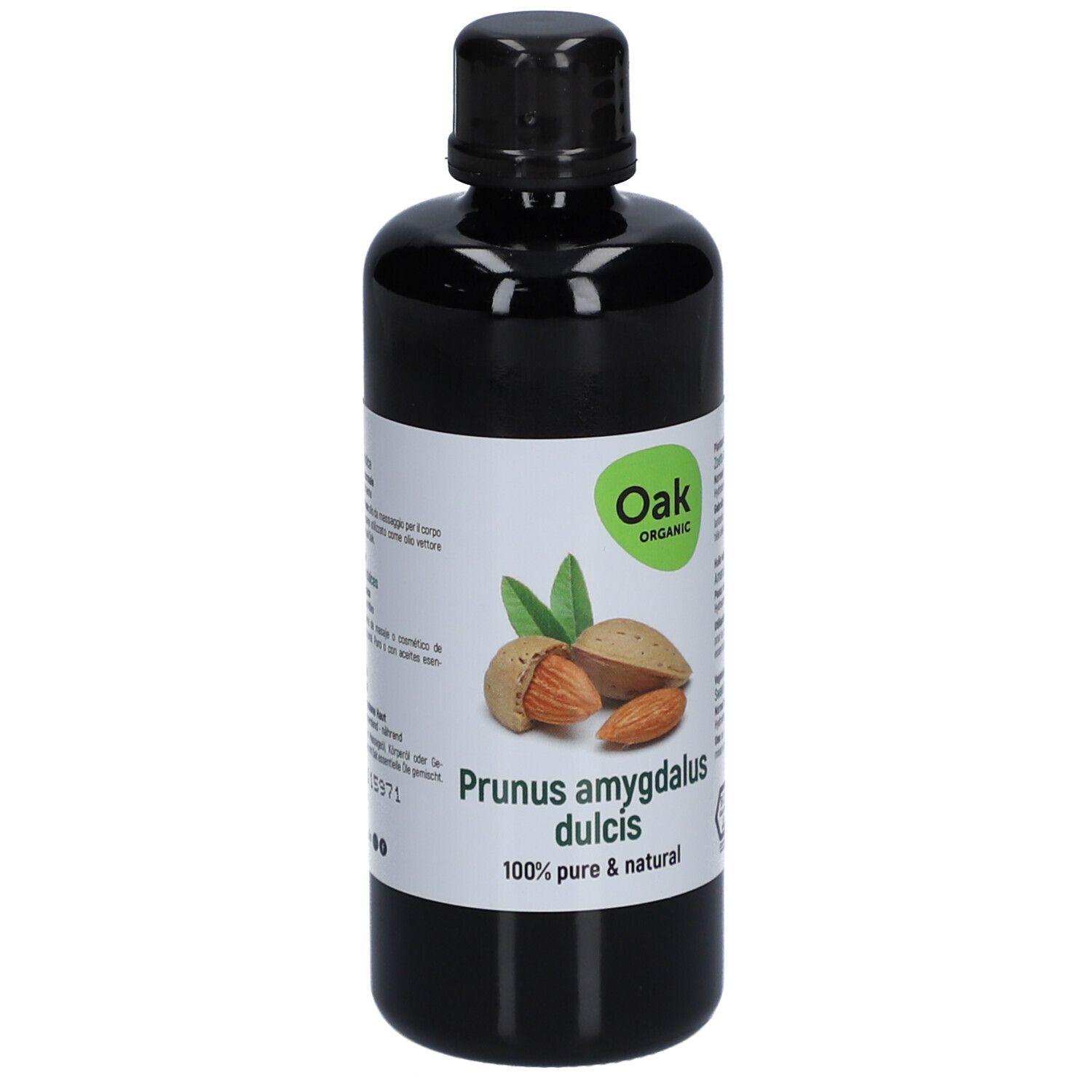 Schwarze Flasche mit Etikett. Etikett mit Text in mehreren Sprachen. Oak Organic, Mandeln, Prunus amygdalus dulcis, 100% rein & natürlich.