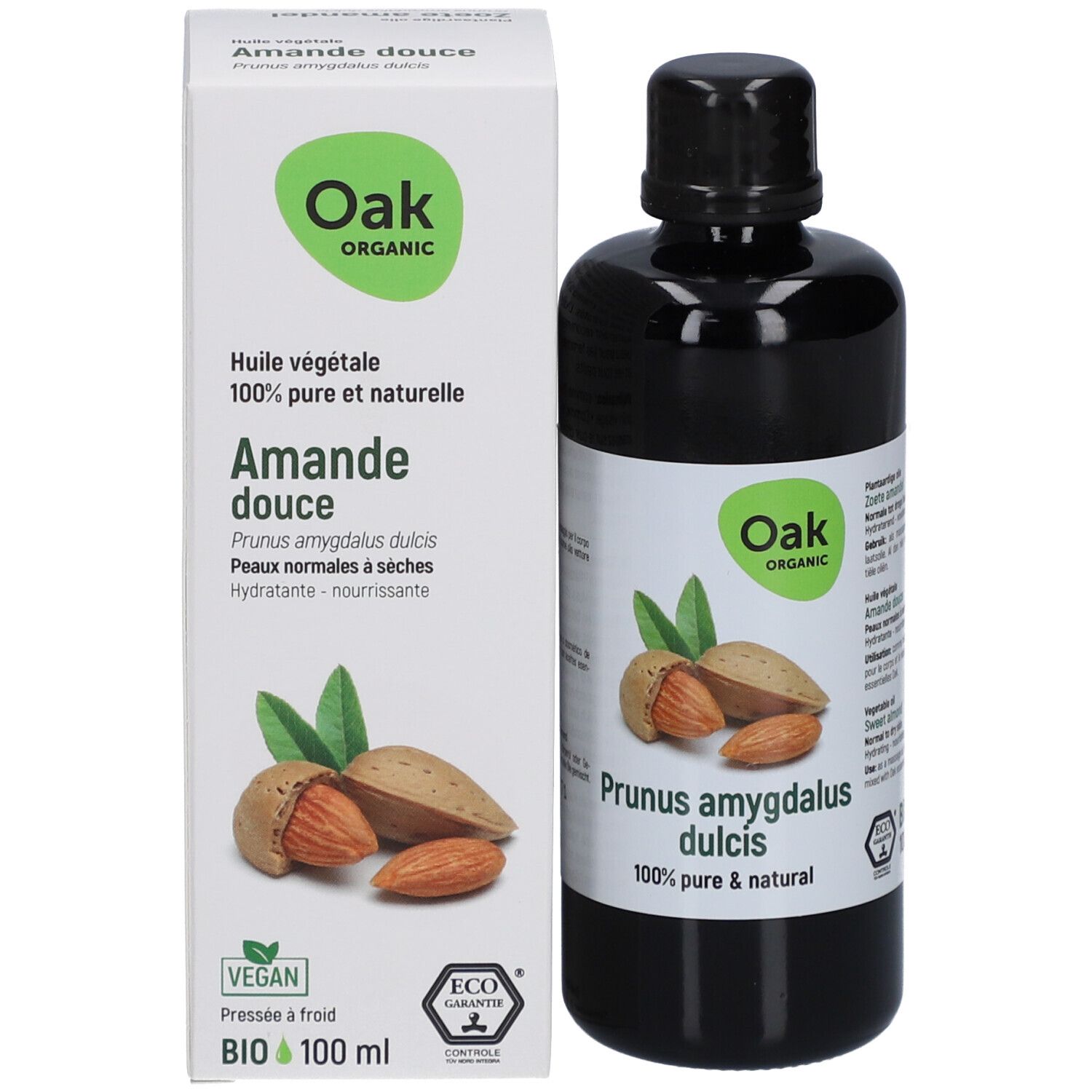 Flasche und Schachtel. Auf der Schachtel: Oak Organic, Huile végétale, Amande douce, 100% pur & naturelle, BIO 100 ml.