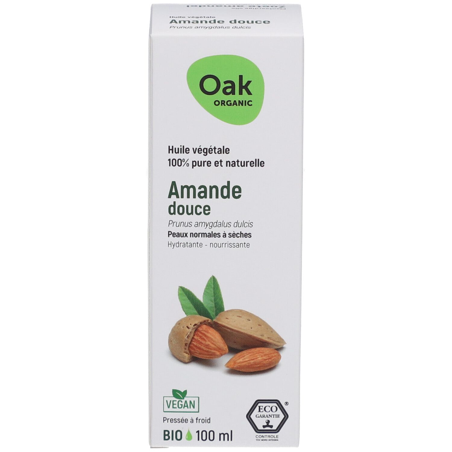 Weiße Schachtel mit Text. Auf der Schachtel: Oak Organic, Huile végétale, Amande douce, 100% pur & naturelle, BIO 100 ml.