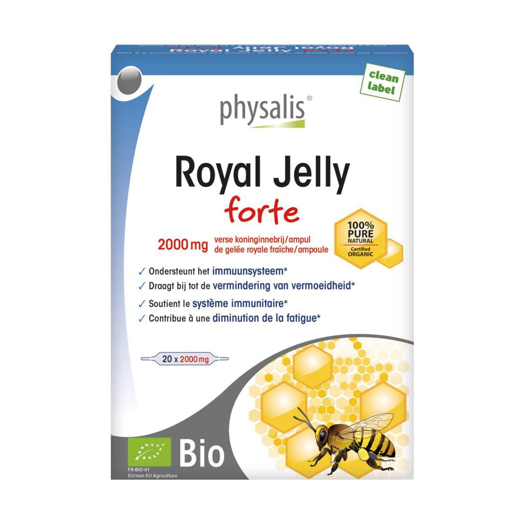Emballage du produit avec inscriptions. Contient 20 ampoules. Inscriptions: Royal Jelly forte, 2000 mg, label Bio, 100% Pure Organic.