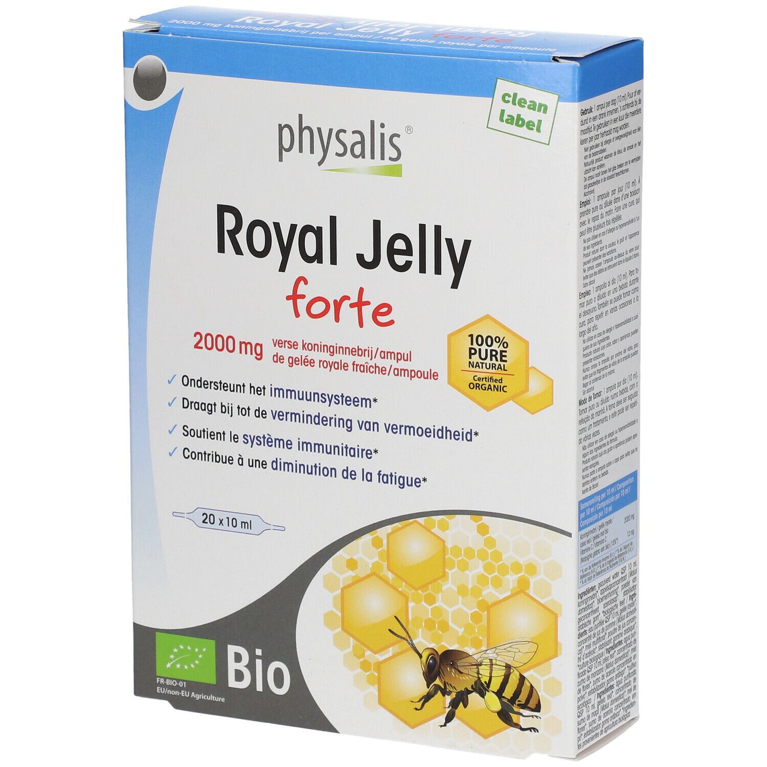 Boîte de produit. Contient 20 ampoules. Inscriptions: Royal Jelly forte, 2000 mg, label Bio, 100% Pure Organic.