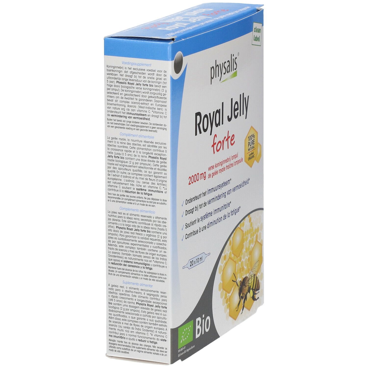 Emballage du produit avec inscriptions. Contient 20 ampoules. Inscriptions: Royal Jelly forte, 2000 mg, label Bio, 100% Pure Organic.
