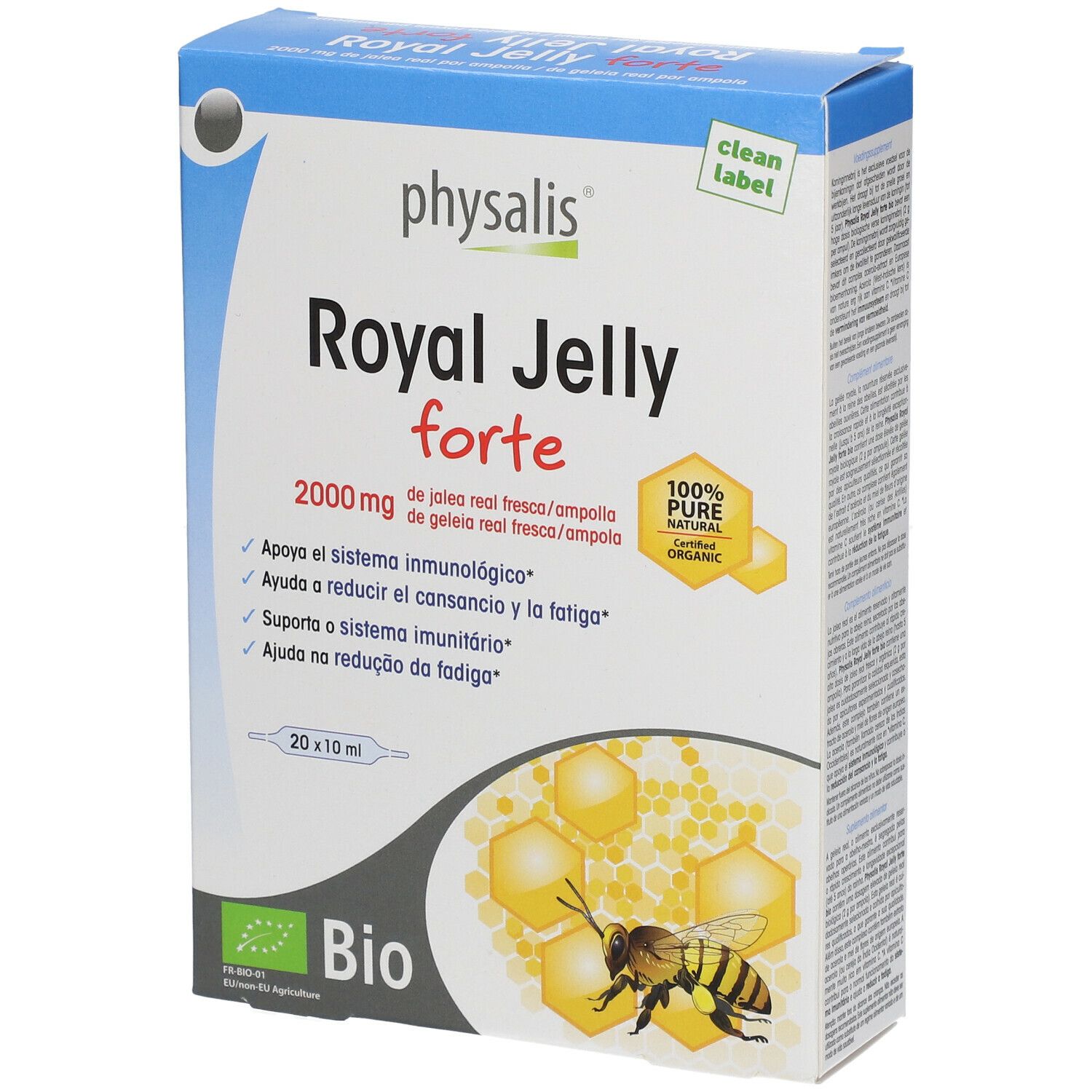 Emballage du produit avec inscriptions. Contient 20 ampoules. Inscriptions: Royal Jelly forte, 2000 mg, label Bio, 100% Pure Organic.