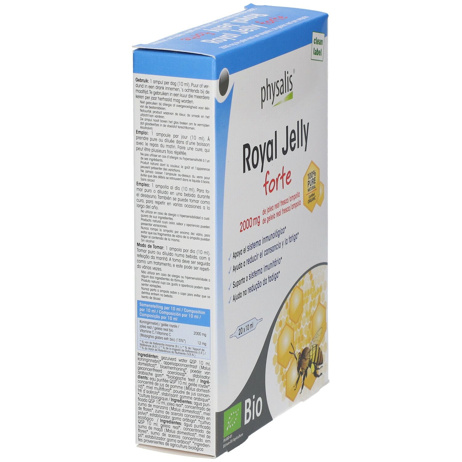 Emballage du produit avec inscriptions. Contient 20 ampoules. Inscriptions: Royal Jelly forte, 2000 mg, label Bio, 100% Pure Organic.