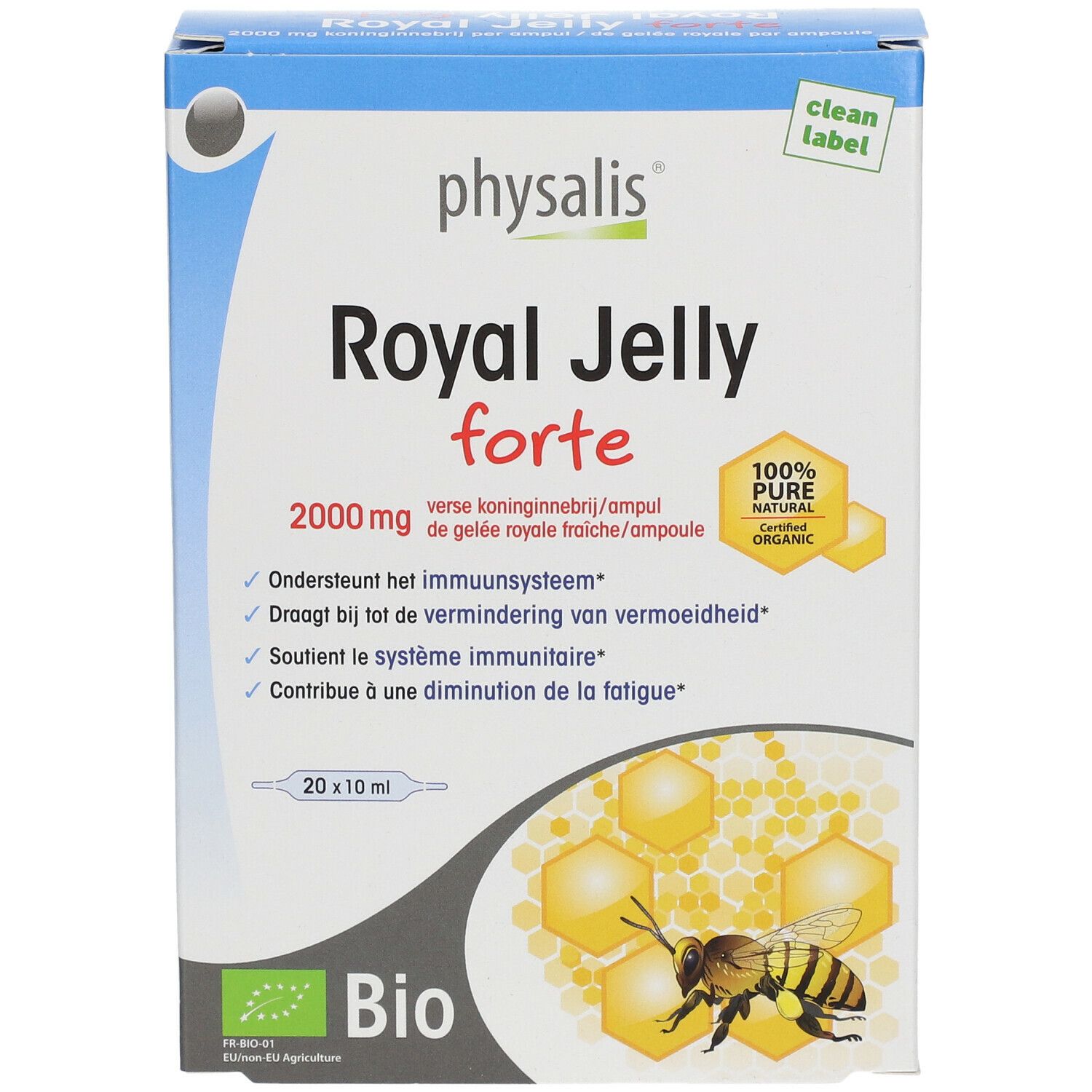 Emballage du produit avec inscriptions. Contient 20 ampoules. Inscriptions: Royal Jelly forte, 2000 mg, label Bio, 100% Pure Organic.