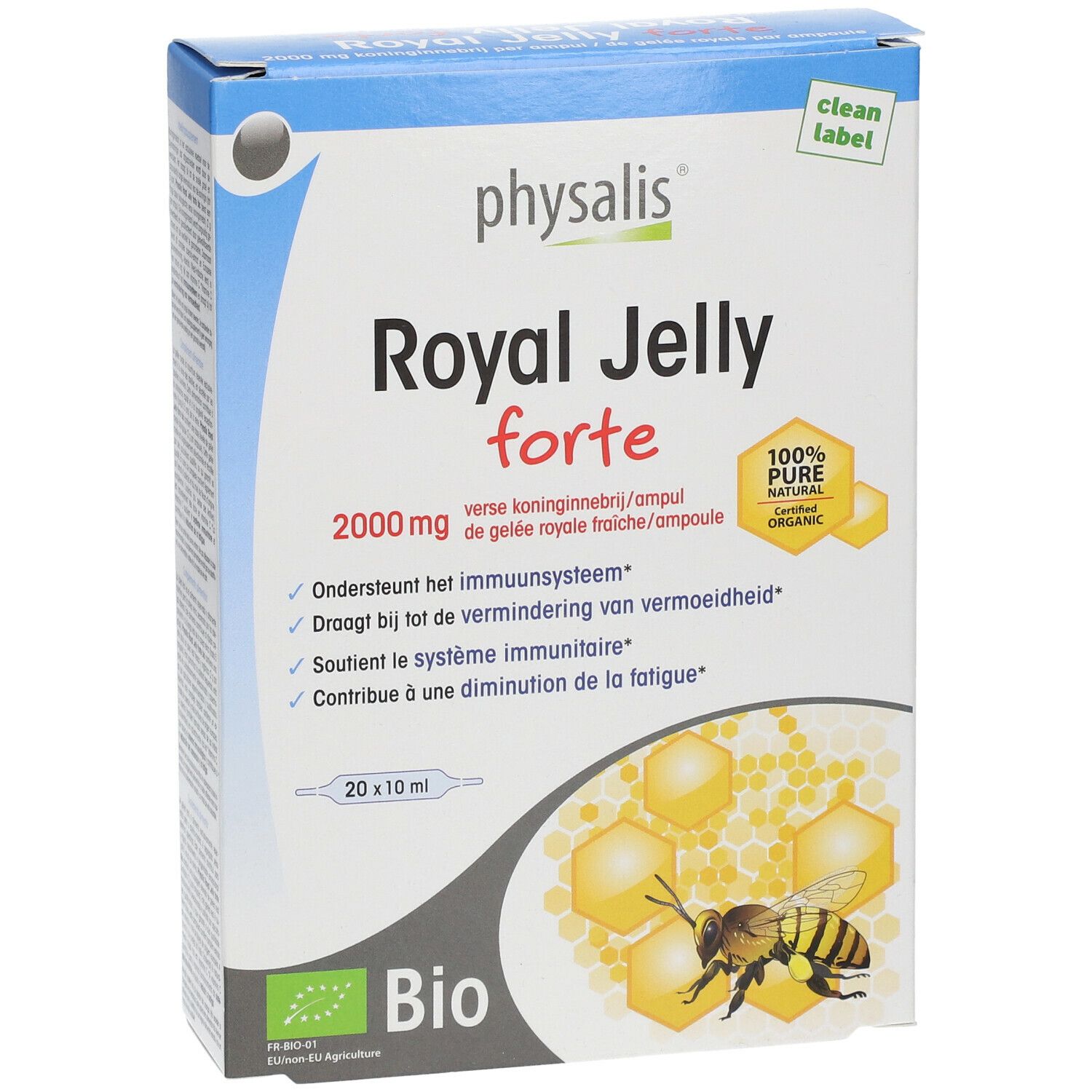 Emballage du produit avec inscriptions. Contient 20 ampoules. Inscriptions: Royal Jelly forte, 2000 mg, label Bio, 100% Pure Organic.