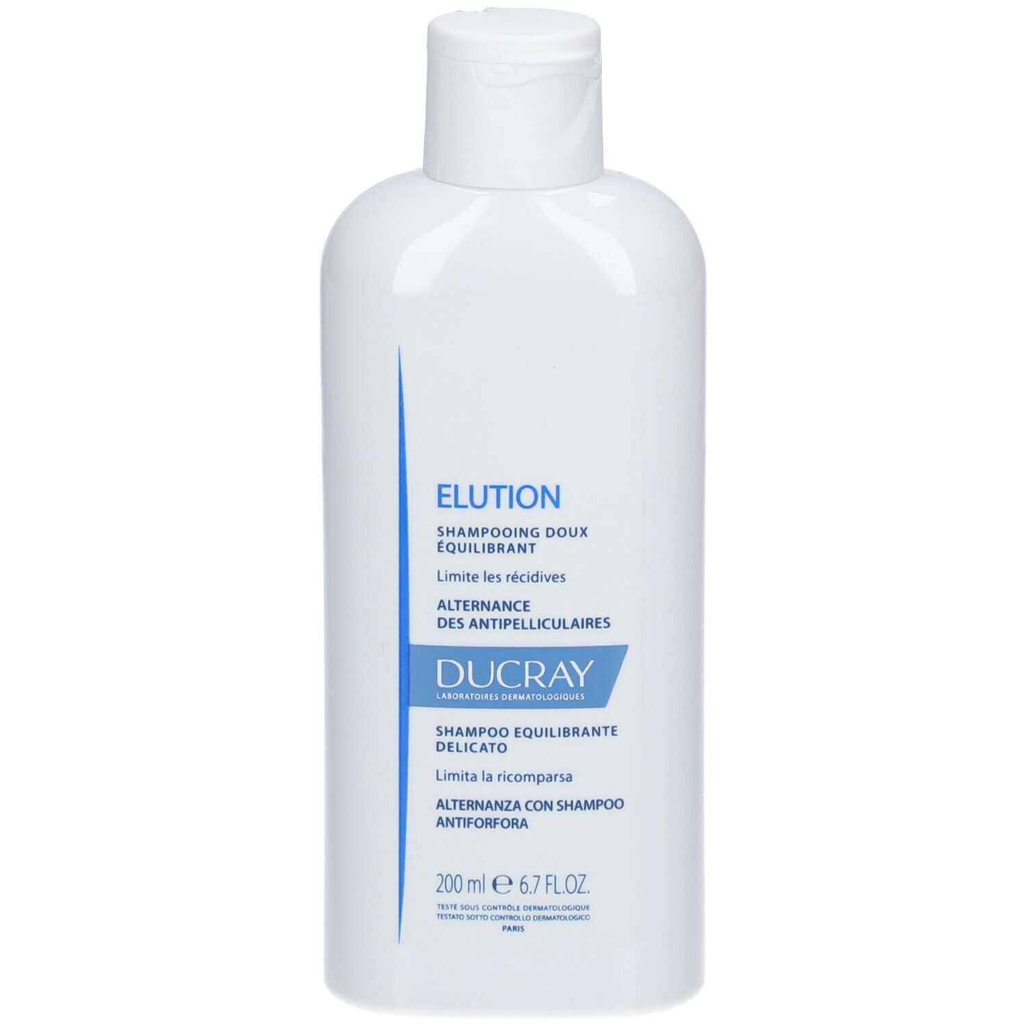 Weiße Flasche mit Shampoo. Aufschrift: Elution, Ducray. 200 ml.