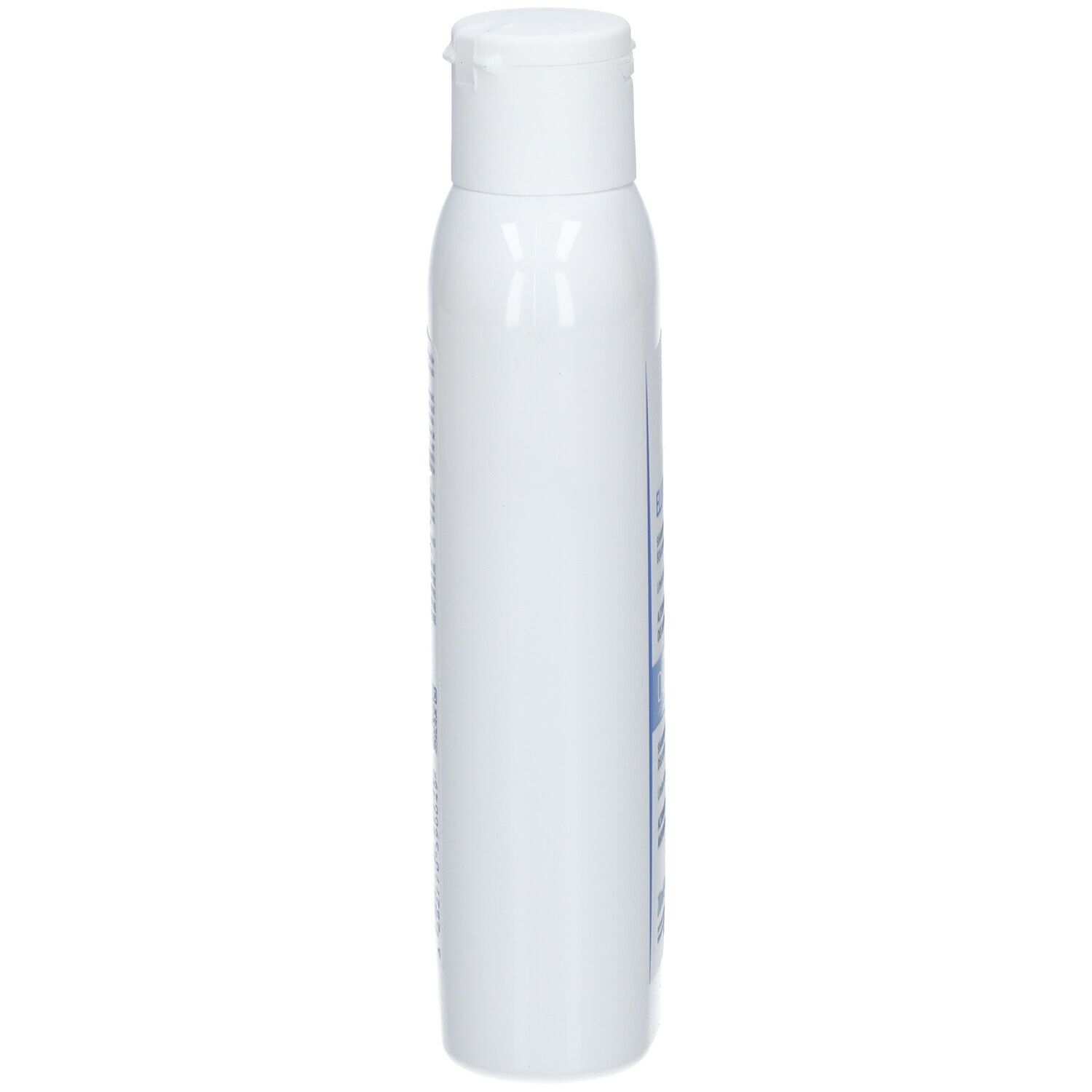 Weiße Shampoo-Flasche, Seitenansicht. Aufschrift nicht lesbar.