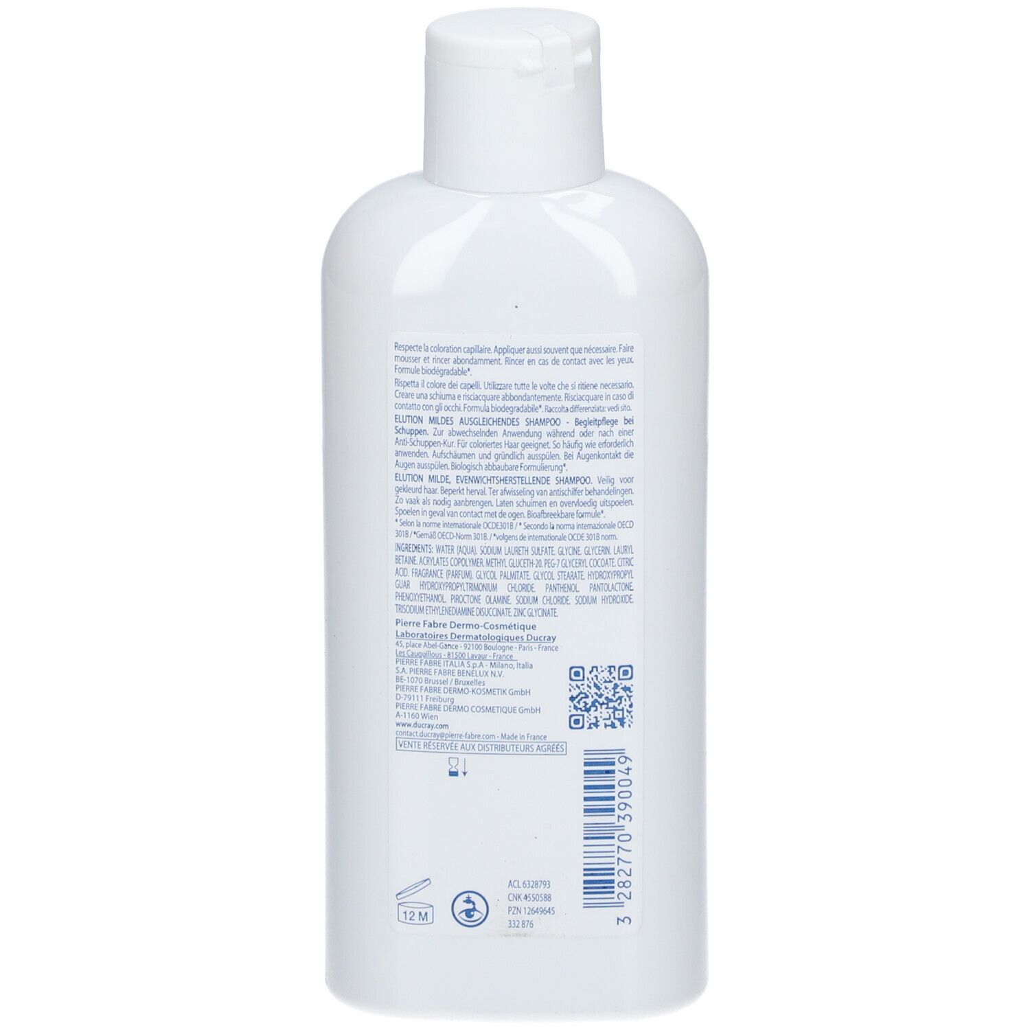 Rückseite der Shampoo-Flasche. Text in mehreren Sprachen. QR-Code.
