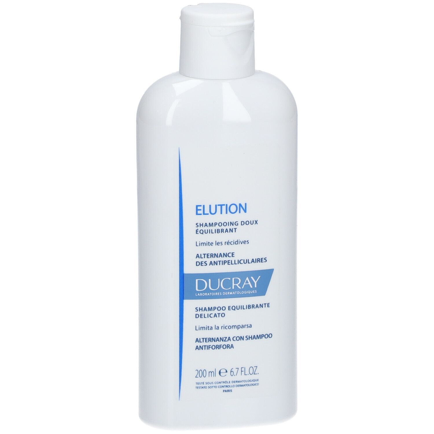 Weiße Flasche mit Shampoo. Aufschrift: Elution, Ducray. 200 ml.