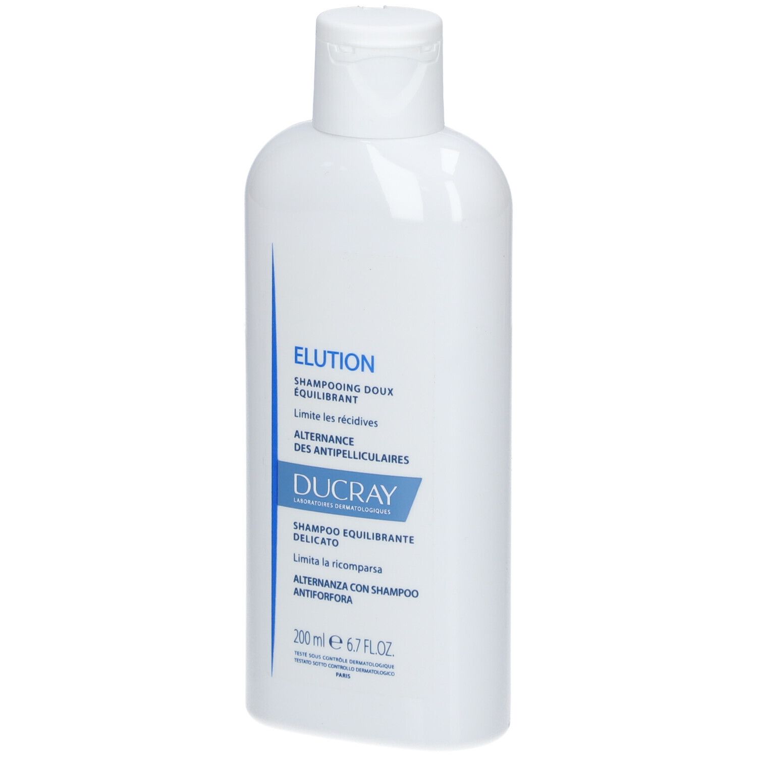 Weiße Flasche mit Shampoo. Aufschrift: Elution, Ducray. 200 ml.