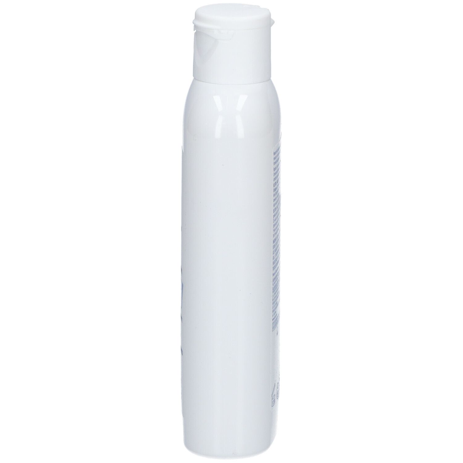 Weiße Shampoo-Flasche, Seitenansicht. Aufschrift nicht lesbar.