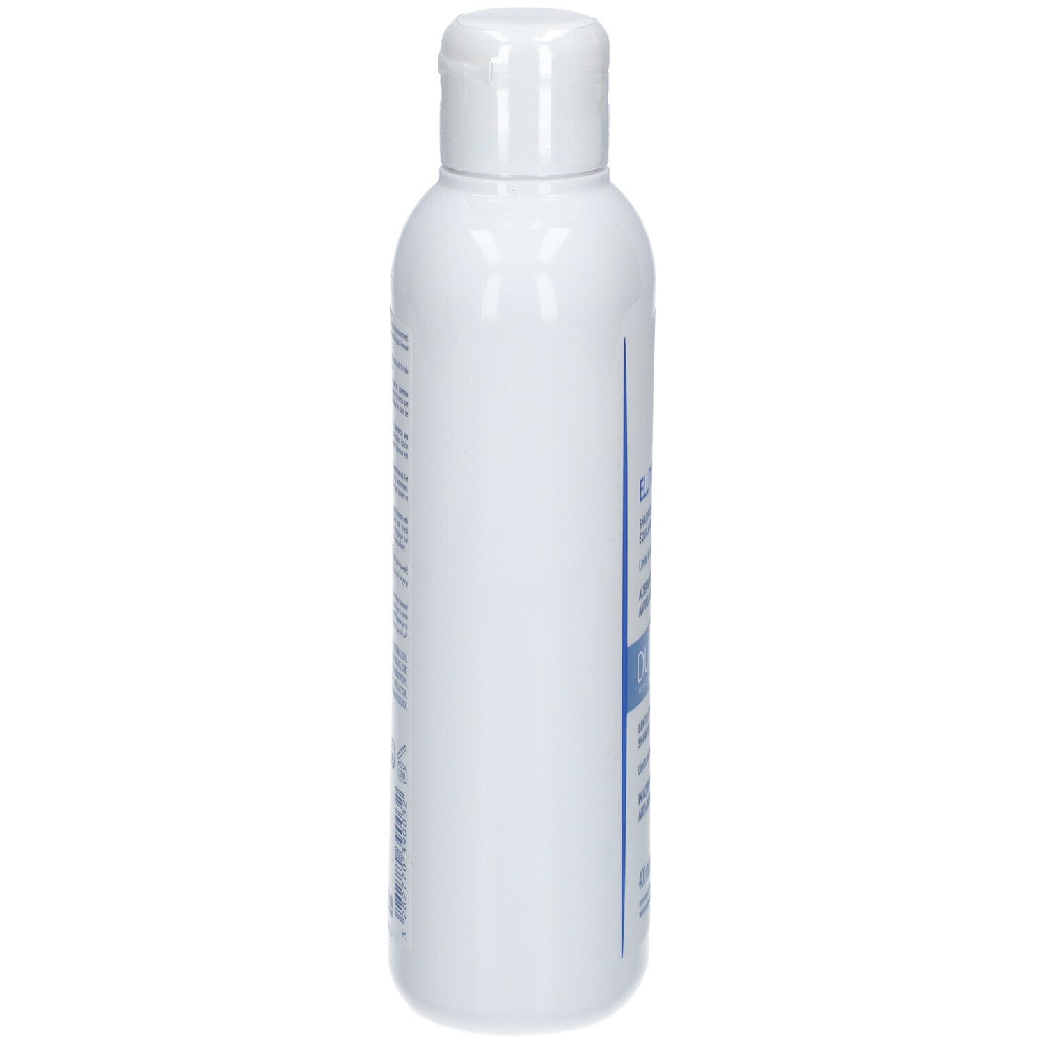 Flacon blanc avec étiquette bleue. Inscription: Elution, Ducray. Vue latérale.
