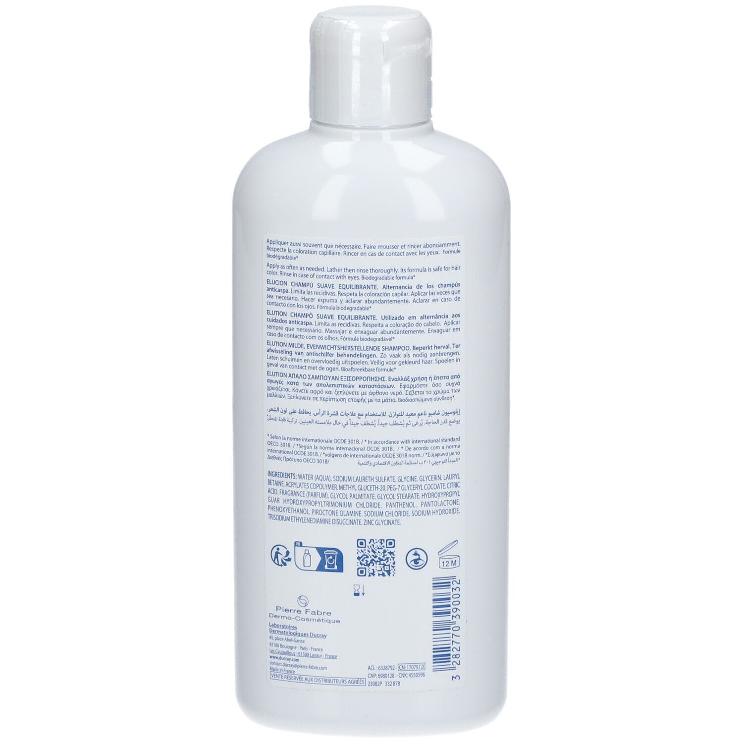 Dos d'un flacon blanc. Texte multilingue. Ingrédients et informations du fabricant.
