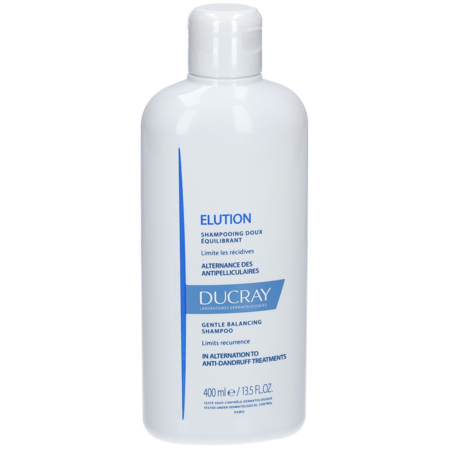 Flacon blanc avec étiquette bleue. Inscription: Elution, Ducray, Gentle Balancing Shampoo. 400 ml.