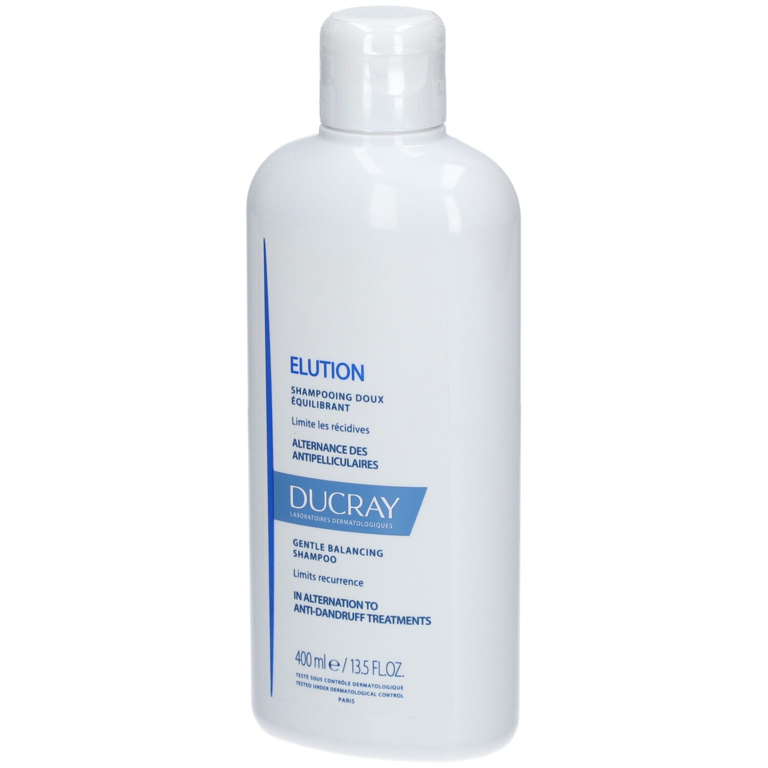 Flacon blanc avec étiquette bleue. Inscription: Elution, Ducray, Gentle Balancing Shampoo. 400 ml.