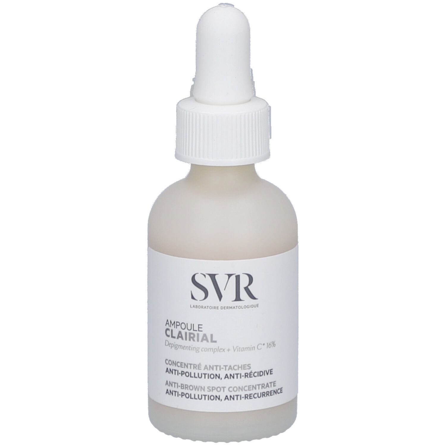 Weiße Flasche mit Pipette. Aufschrift: SVR, Ampoule Clairial, Anti-Taches, Anti-Récidive.
