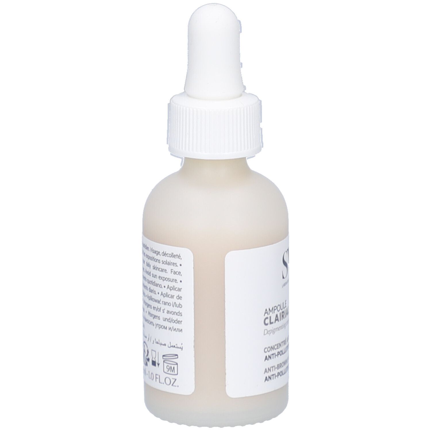 Rückseite der Flasche. Text in mehreren Sprachen. Aufschrift: SVR, Ampoule Clairial.