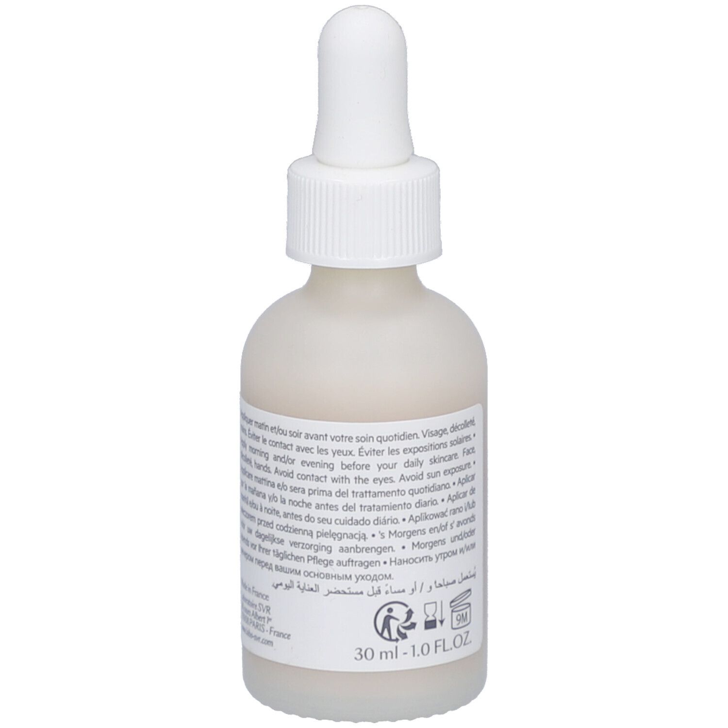 Rückseite der Flasche. Text in mehreren Sprachen. Aufschrift: SVR, Ampoule Clairial.