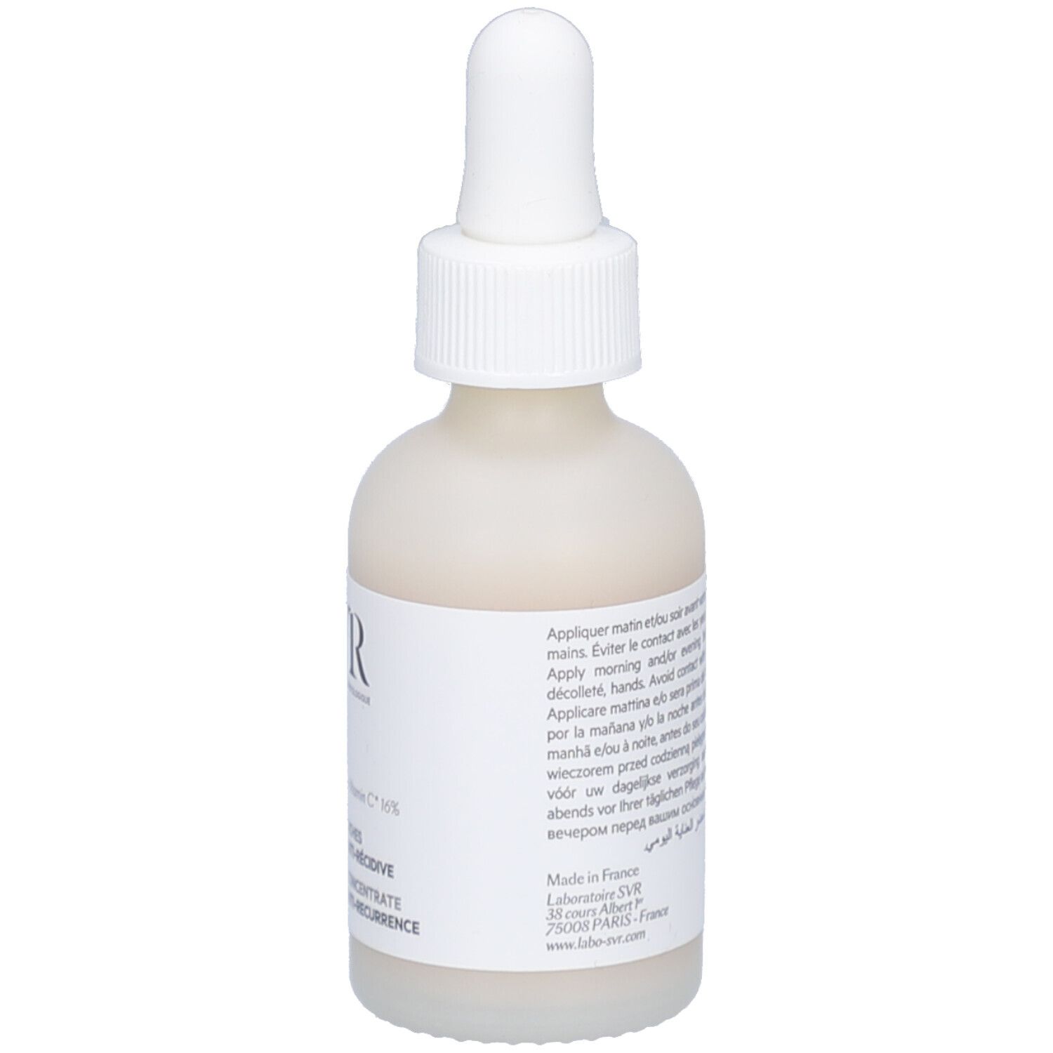 Rückseite der Flasche. Text in mehreren Sprachen. Aufschrift: SVR, Ampoule Clairial.