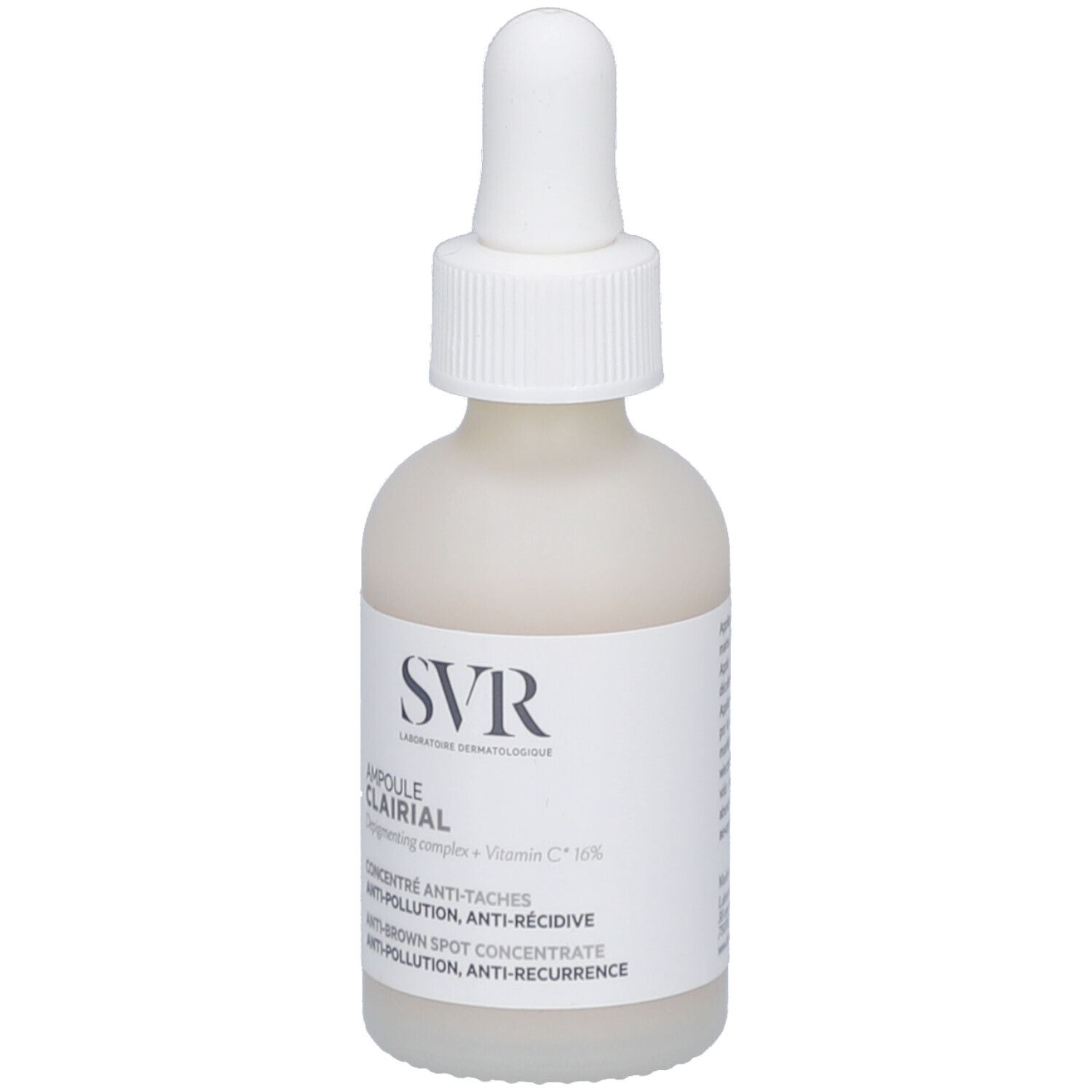 Weiße Flasche mit Pipette. Aufschrift: SVR, Ampoule Clairial, Anti-Taches, Anti-Récidive.
