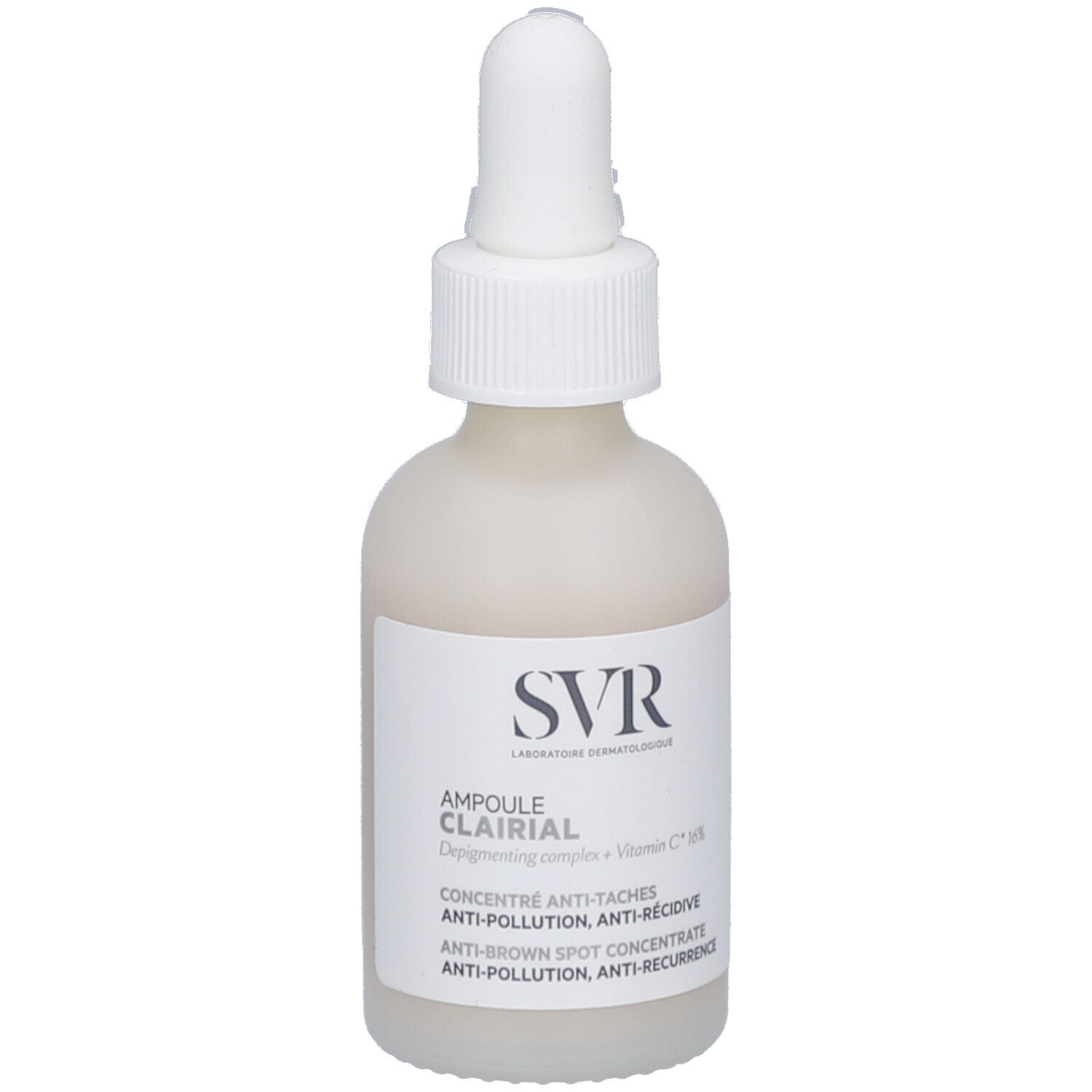 Weiße Flasche mit Pipette. Aufschrift: SVR, Ampoule Clairial, Anti-Taches, Anti-Récidive.