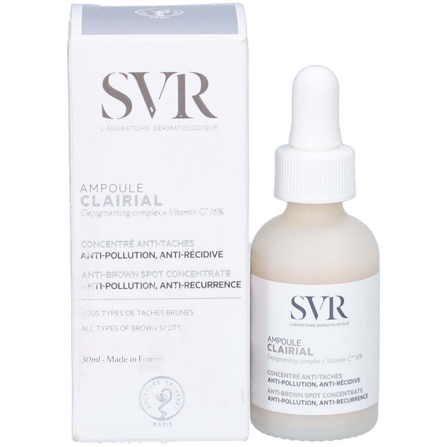 Produkt und Verpackung. Weiße Flasche und Schachtel. Aufschrift: SVR, Ampoule Clairial.