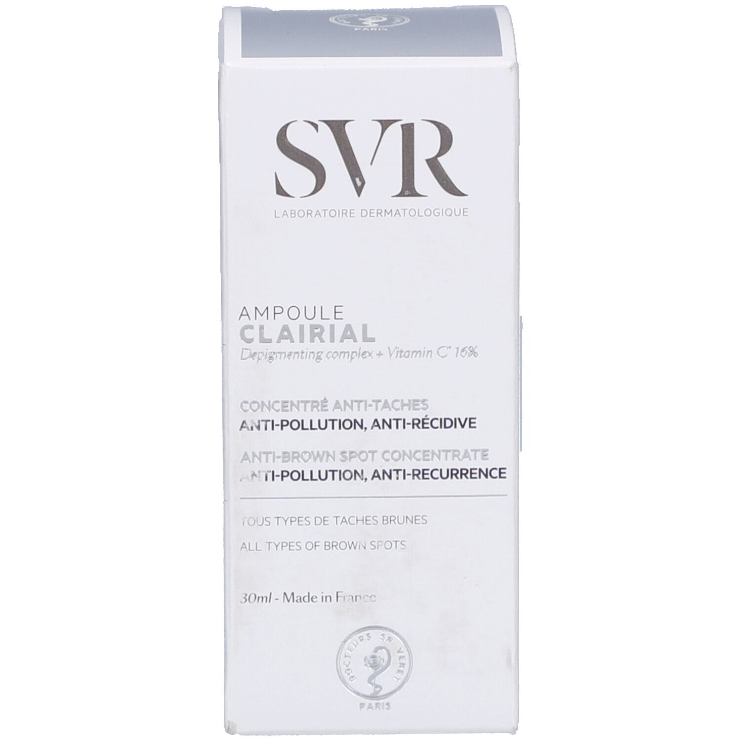 Weiße Schachtel. Aufschrift: SVR, Ampoule Clairial, Anti-Taches, Anti-Récidive.