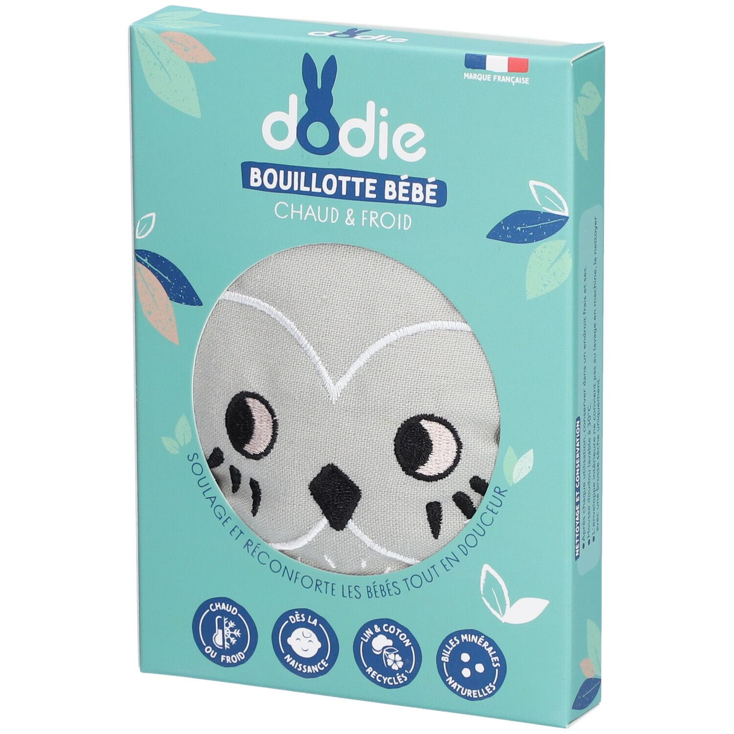 Verpackung der Dodie Baby-Wärmflasche. Hellblaue Schachtel mit Eulen-Motiv. Text: Dodie, Bouillotte Bébé, Chaud & Froid.