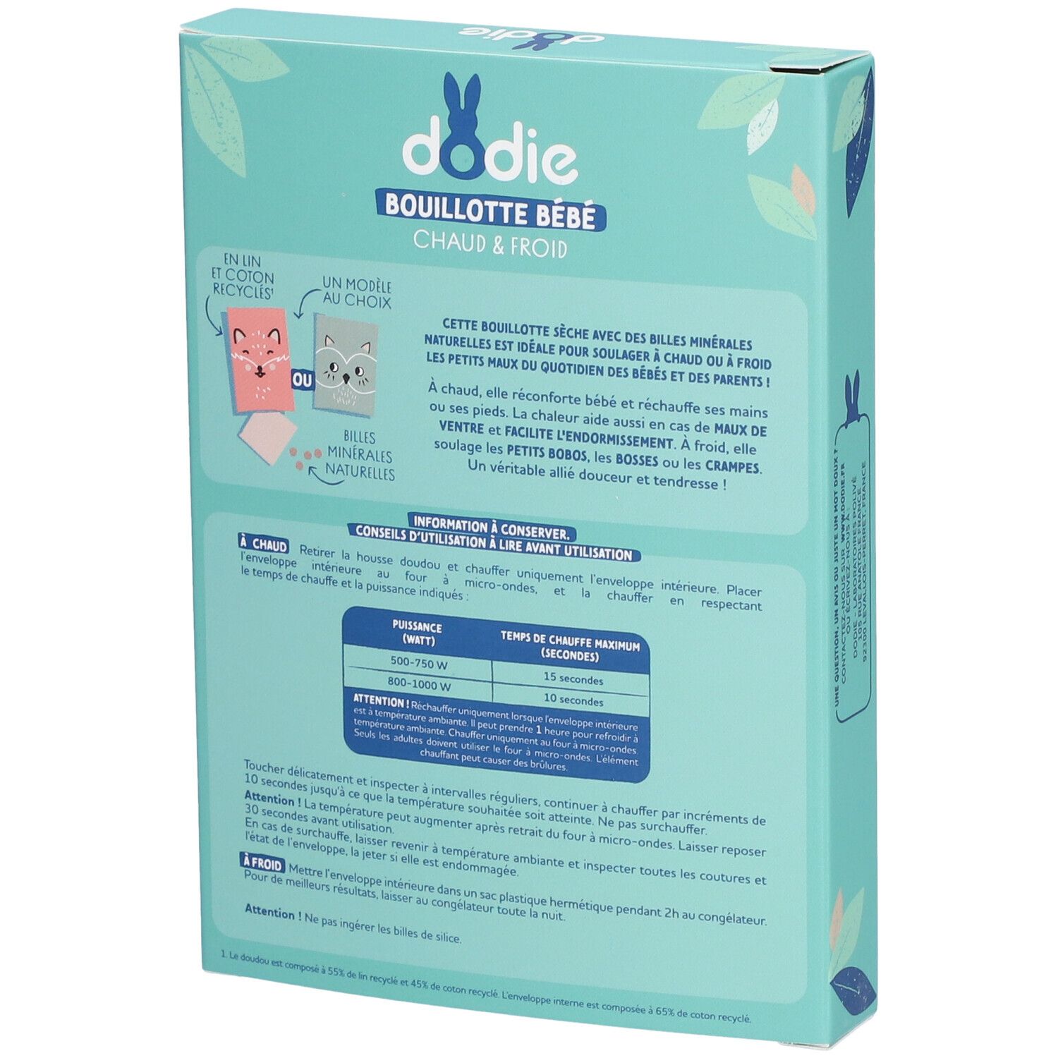 Rückseite der Dodie Baby-Wärmflaschen-Verpackung. Text und Illustrationen. Informationen zur Anwendung und Inhaltsstoffe.