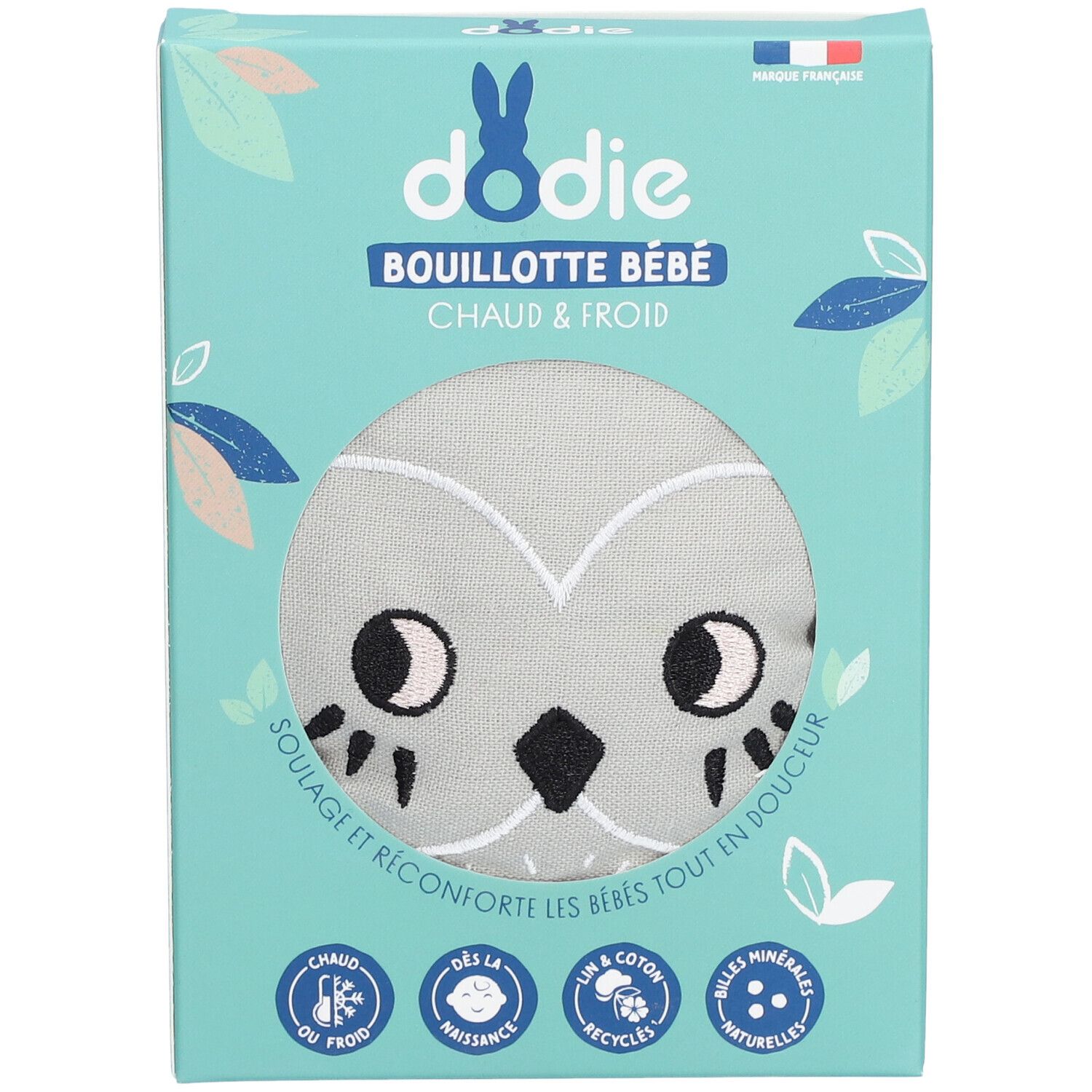 Dodie Baby-Wärmflasche in Verpackung. Hellblaue Schachtel mit Eulen-Motiv. Text: Dodie, Bouillotte Bébé, Chaud & Froid.