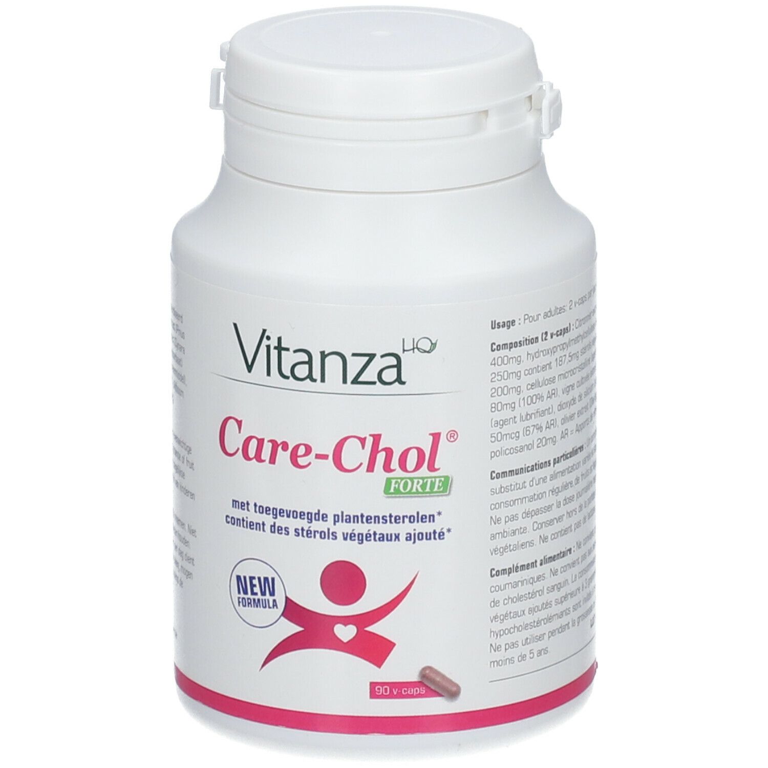 Witte fles met capsules. Opschrift: Vitanza Care-Chol Forte Nouvelle Formule. Met logo en tekst.