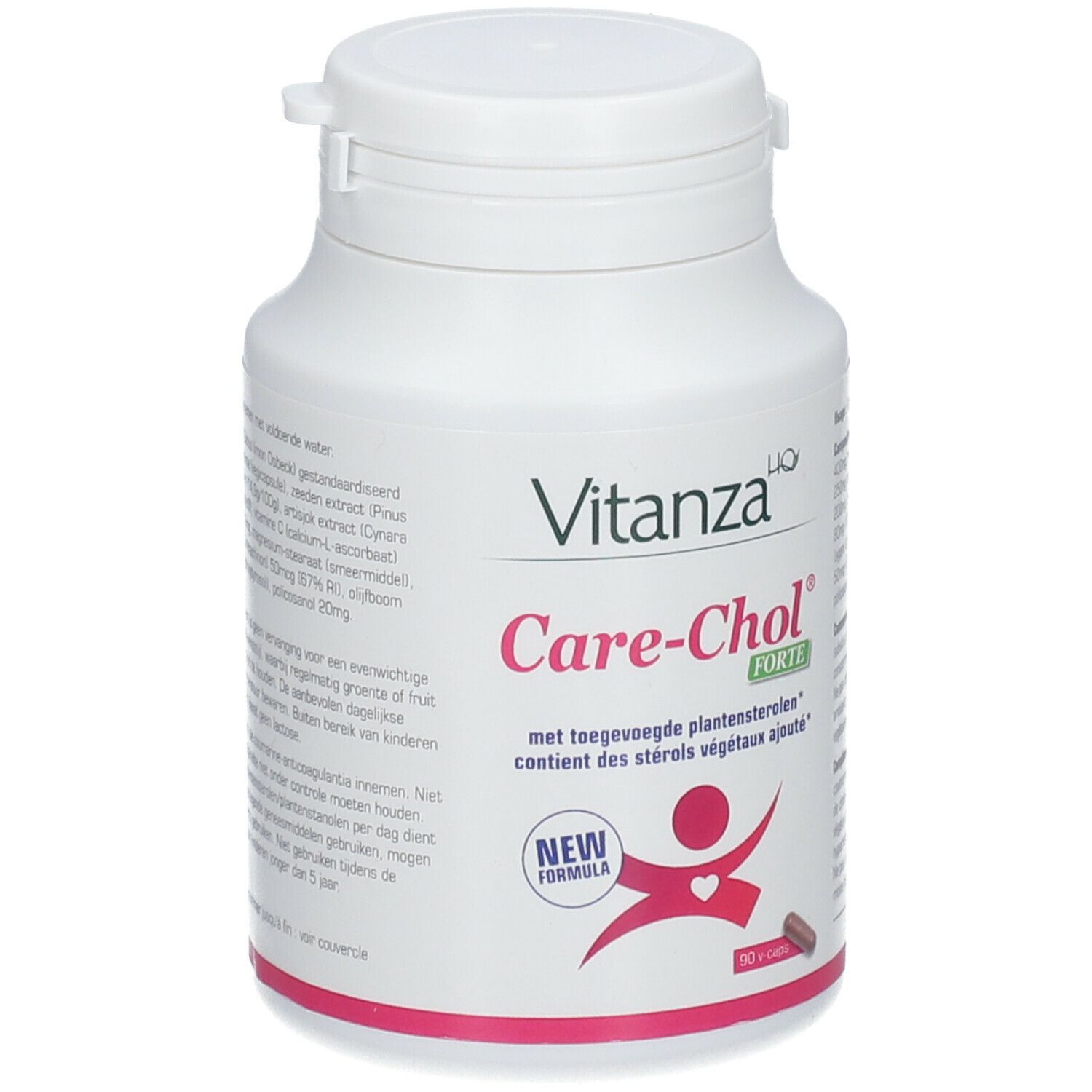 Witte fles met capsules. Opschrift: Vitanza Care-Chol Forte Nouvelle Formule. Met logo en tekst.