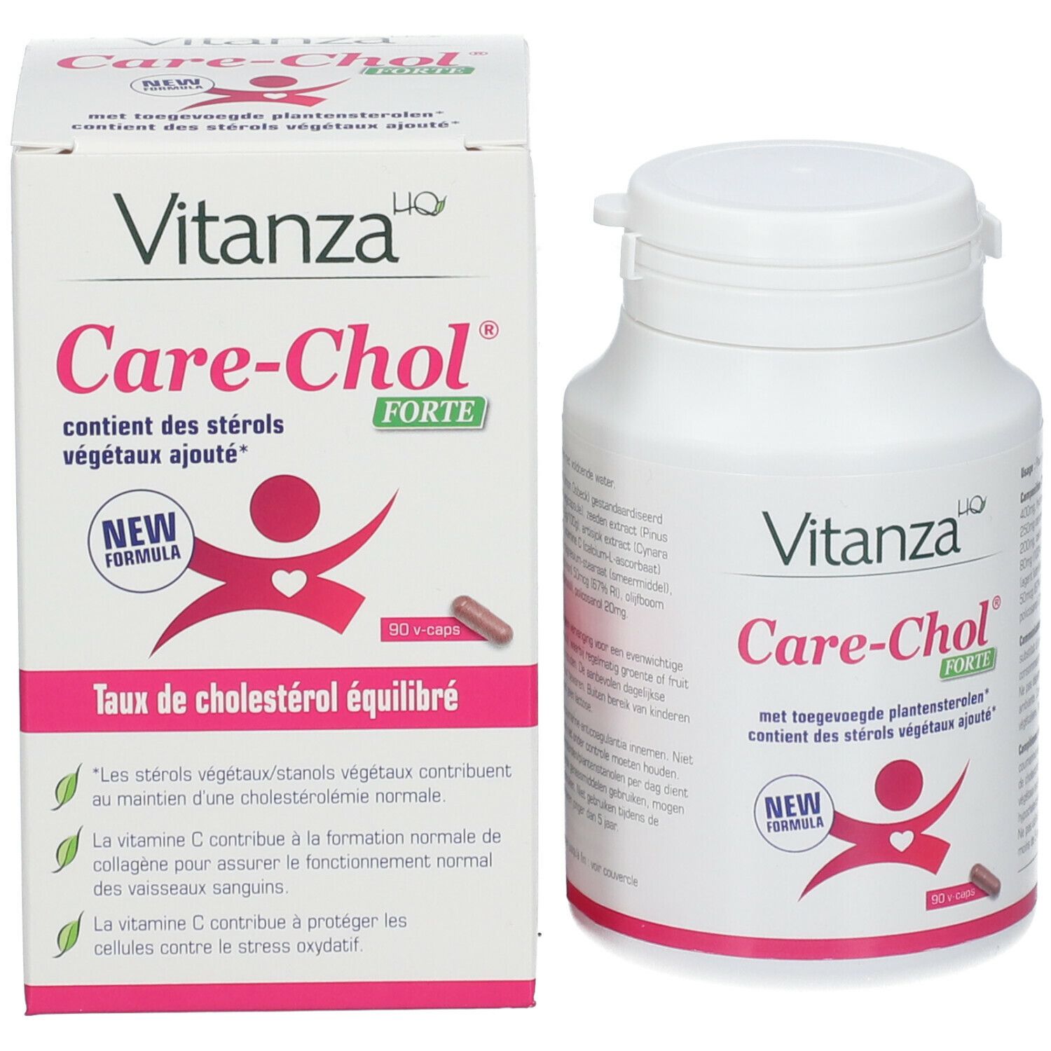 Productverpakking en fles. Opschrift: Vitanza Care-Chol Forte. Met logo en tekst. Roze en wit.