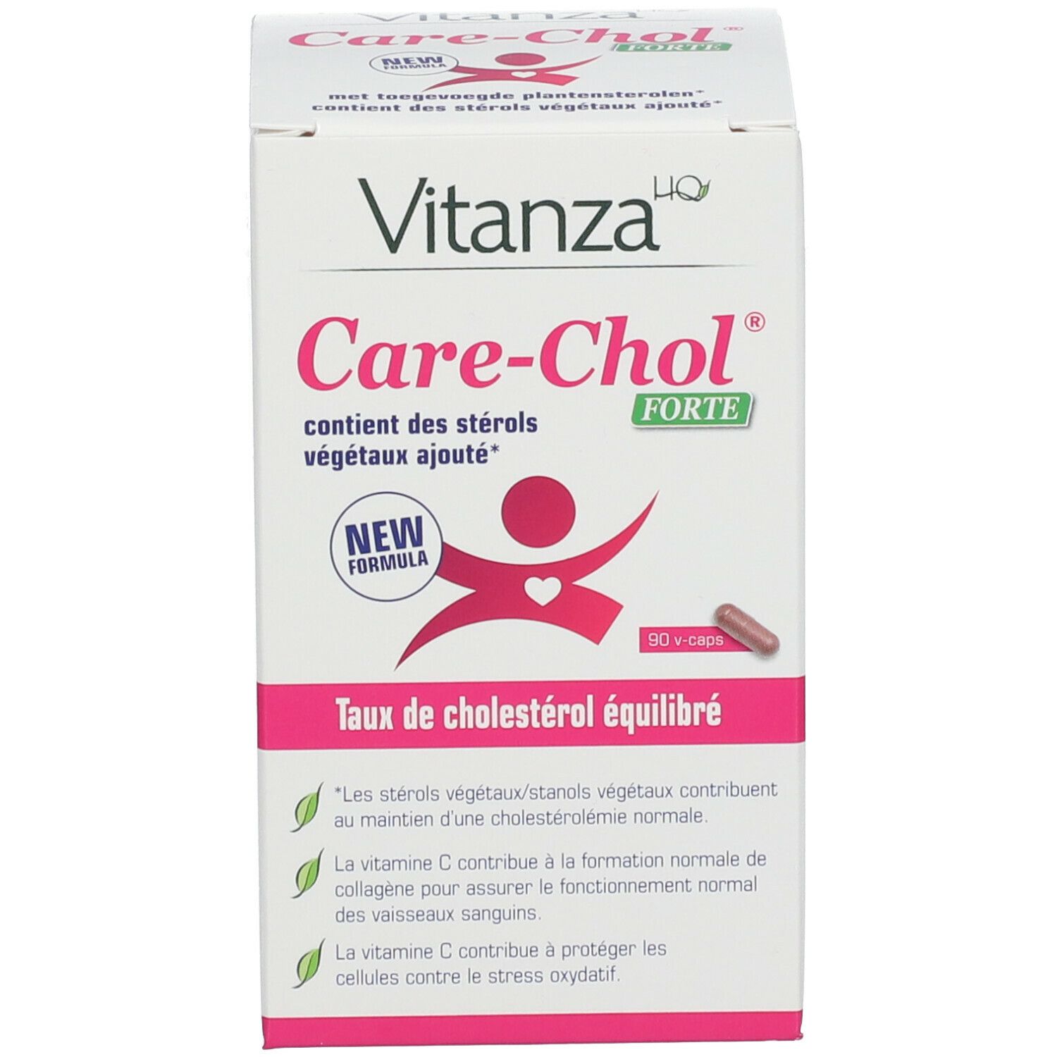 Productverpakking. Opschrift: Vitanza Care-Chol Forte. Met logo en tekst. Roze en wit.