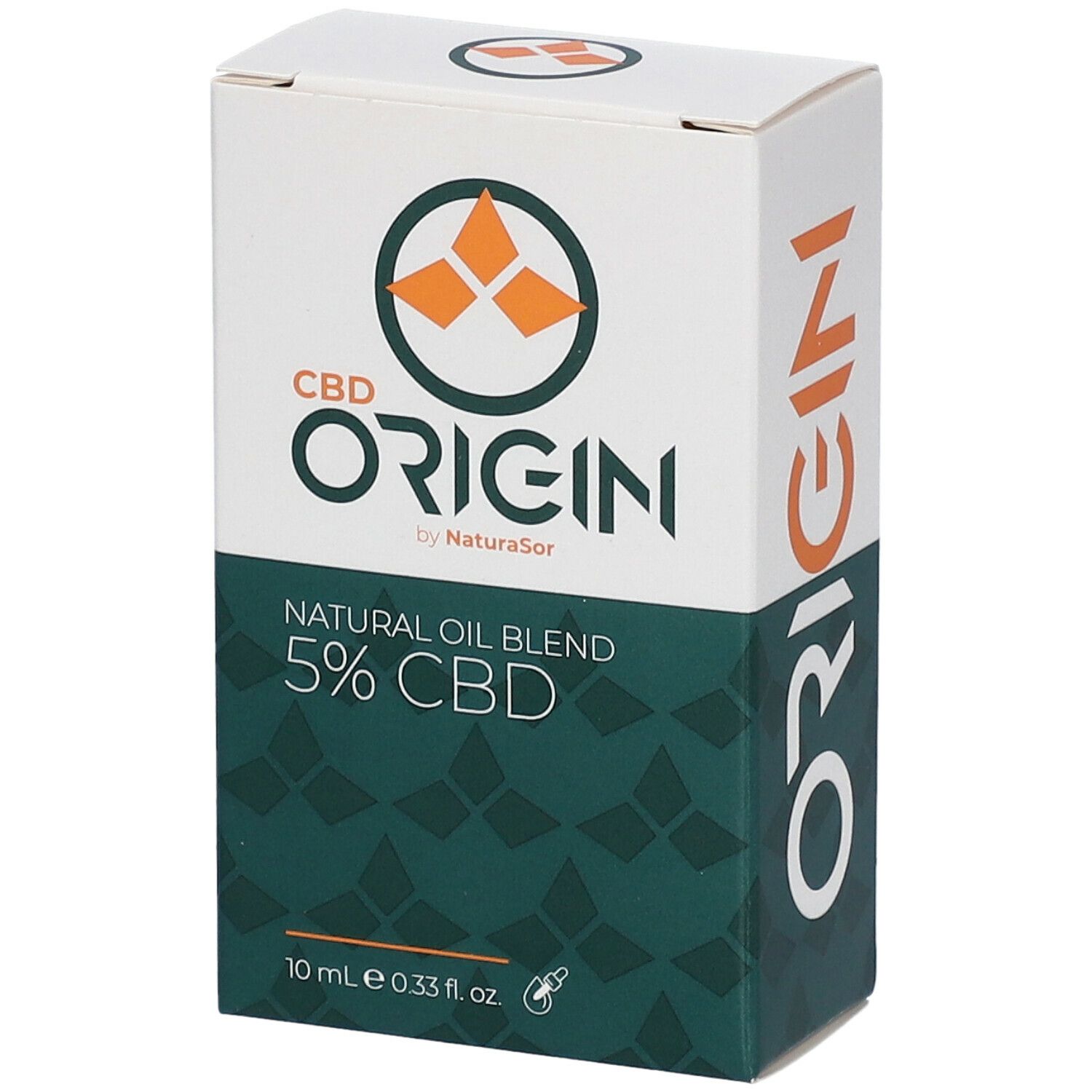 Weiße Verpackung mit grünem Muster. Aufschrift: CBD Origin, Natural Oil Blend 5% CBD. 10 ml.