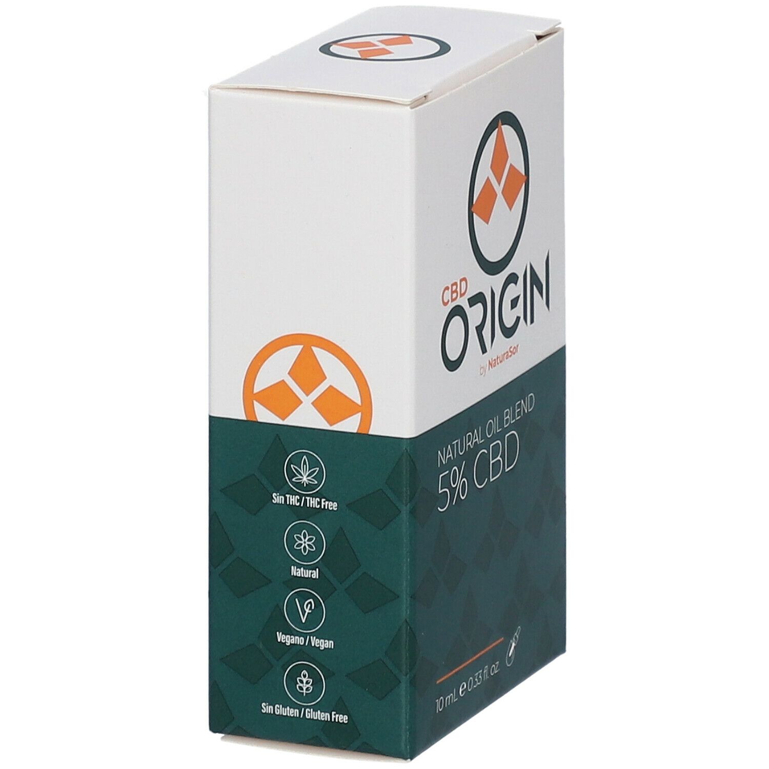 Weiße Verpackung mit grünem Muster. Aufschrift: CBD Origin, Natural Oil Blend 5% CBD. Symbole für Inhaltsstoffe.
