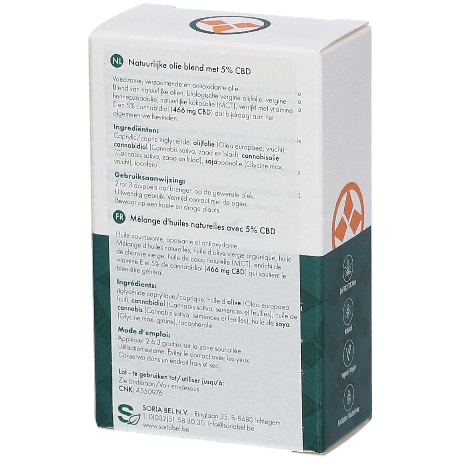 Rückseite der Verpackung. Text in Niederländisch und Französisch. Enthält Informationen zu Inhaltsstoffen und Anwendung.