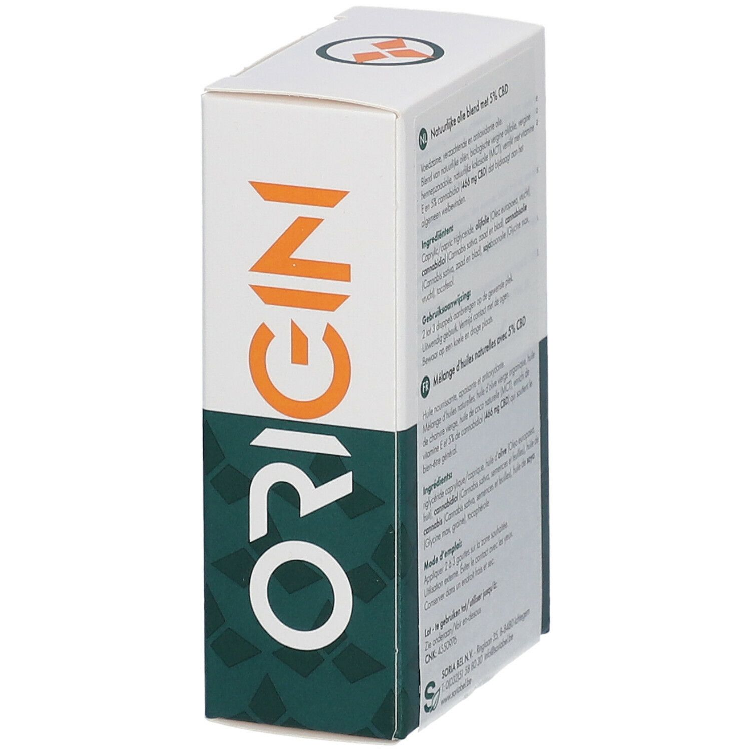 Verpackung mit Text in Niederländisch. Aufschrift: Origin. Enthält Informationen zu Inhaltsstoffen und Anwendung.