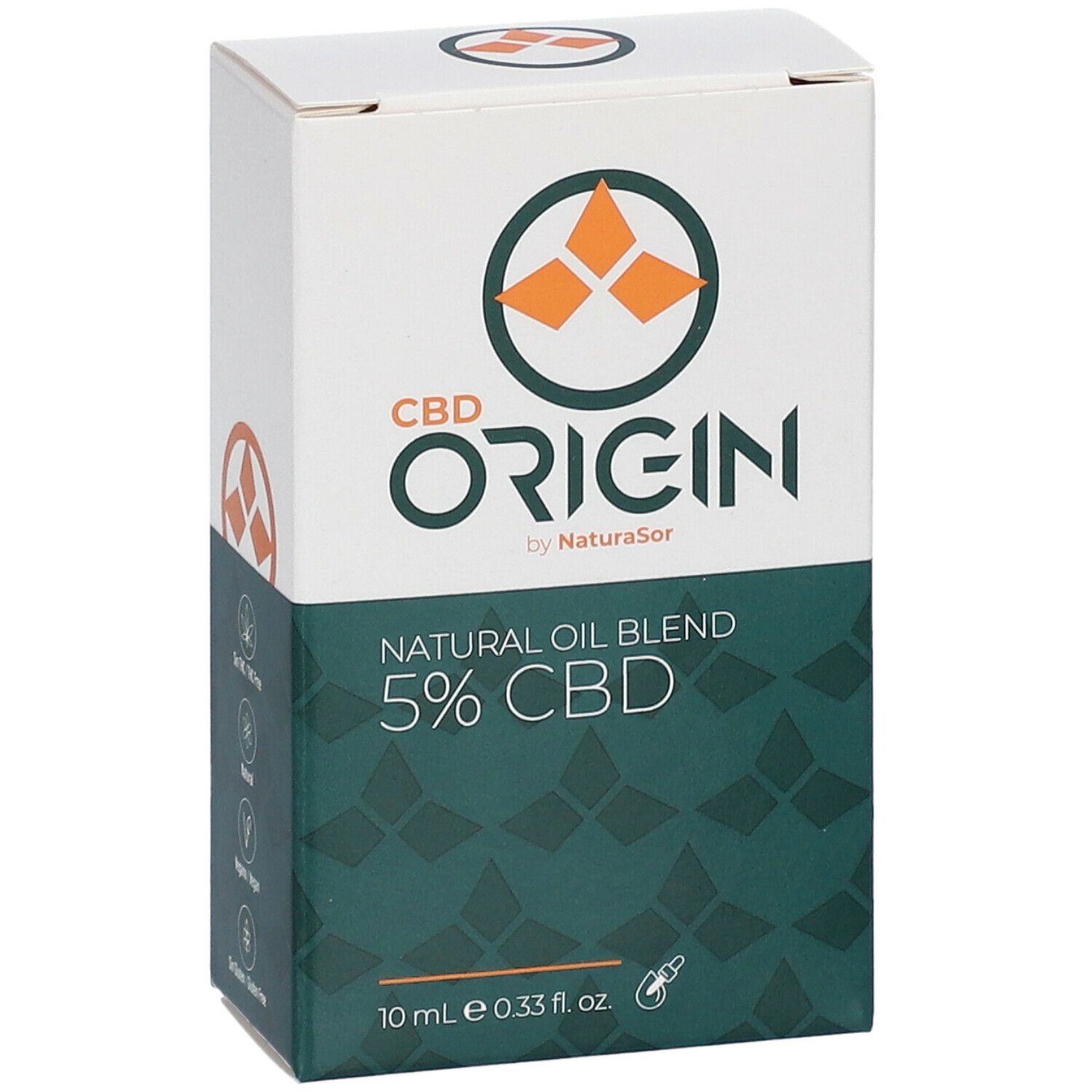 Weiße Verpackung mit grünem Muster. Aufschrift: CBD Origin, Natural Oil Blend 5% CBD. 10 ml. Tropfer-Symbol.