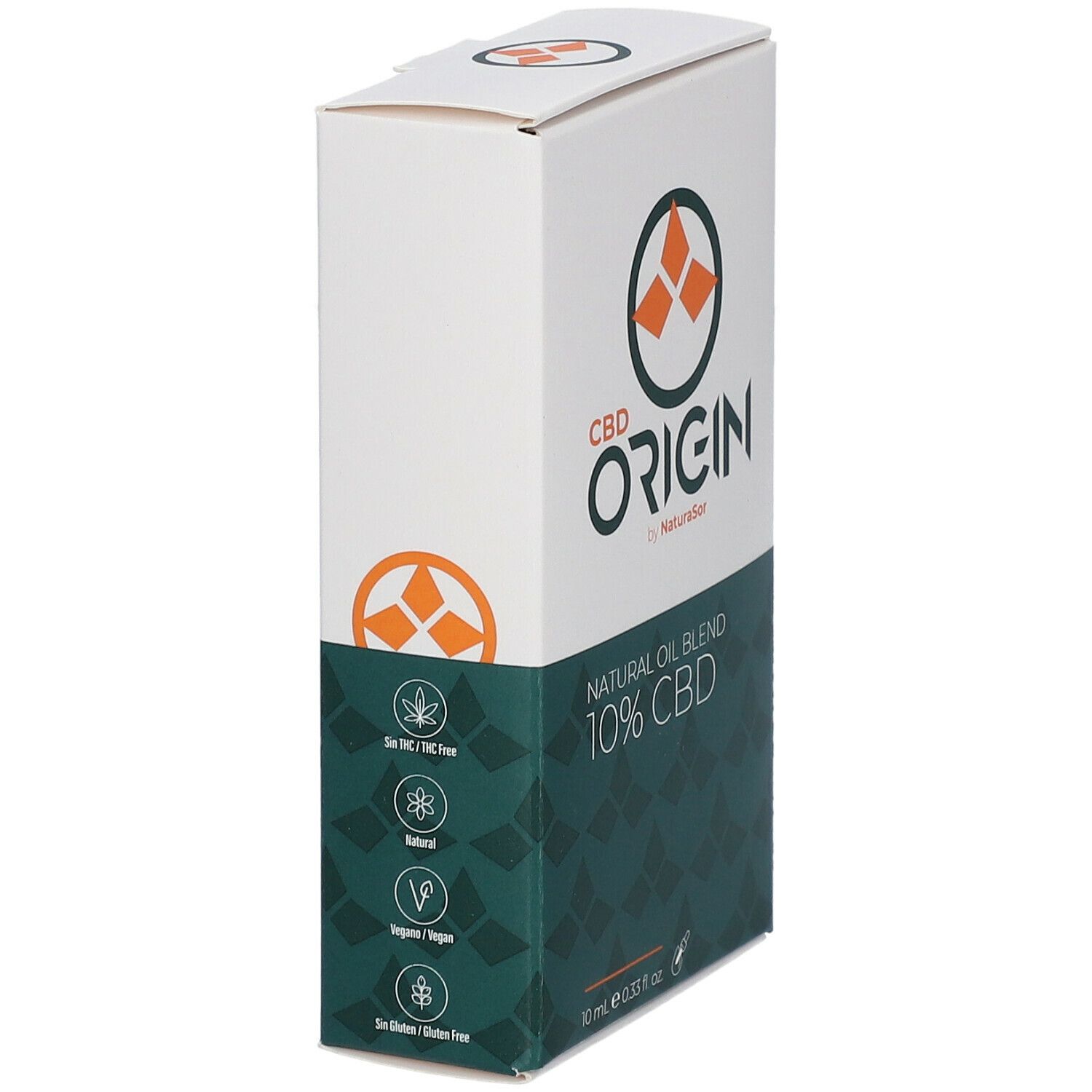 Kartonverpackung mit CBD Origin Natural Oil 10 %. Logo, Produktname und Piktogramme auf der Seite.