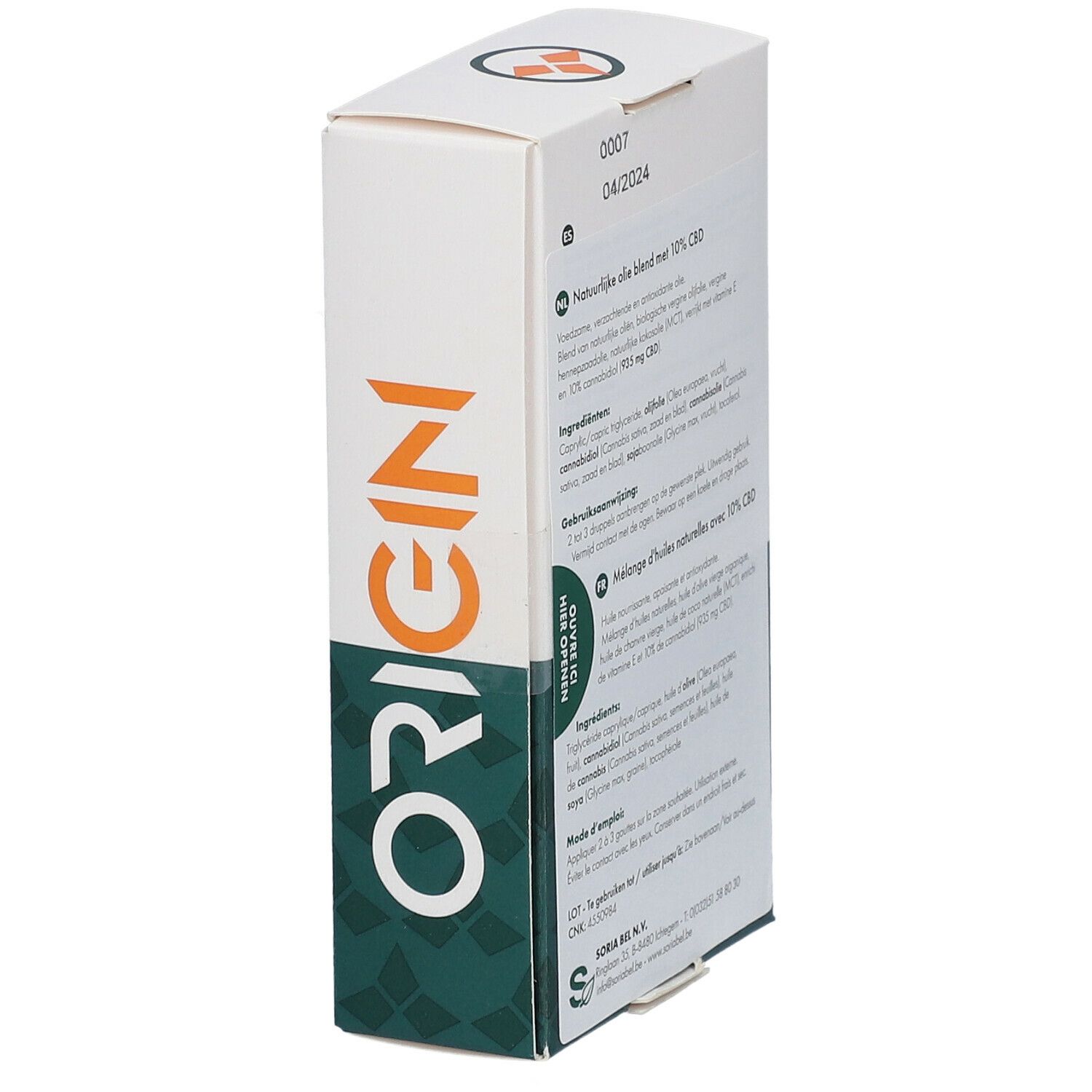 Seitenansicht der Verpackung mit Text. Enthält Produktnamen, Logo und Informationen. Weiß und grün.