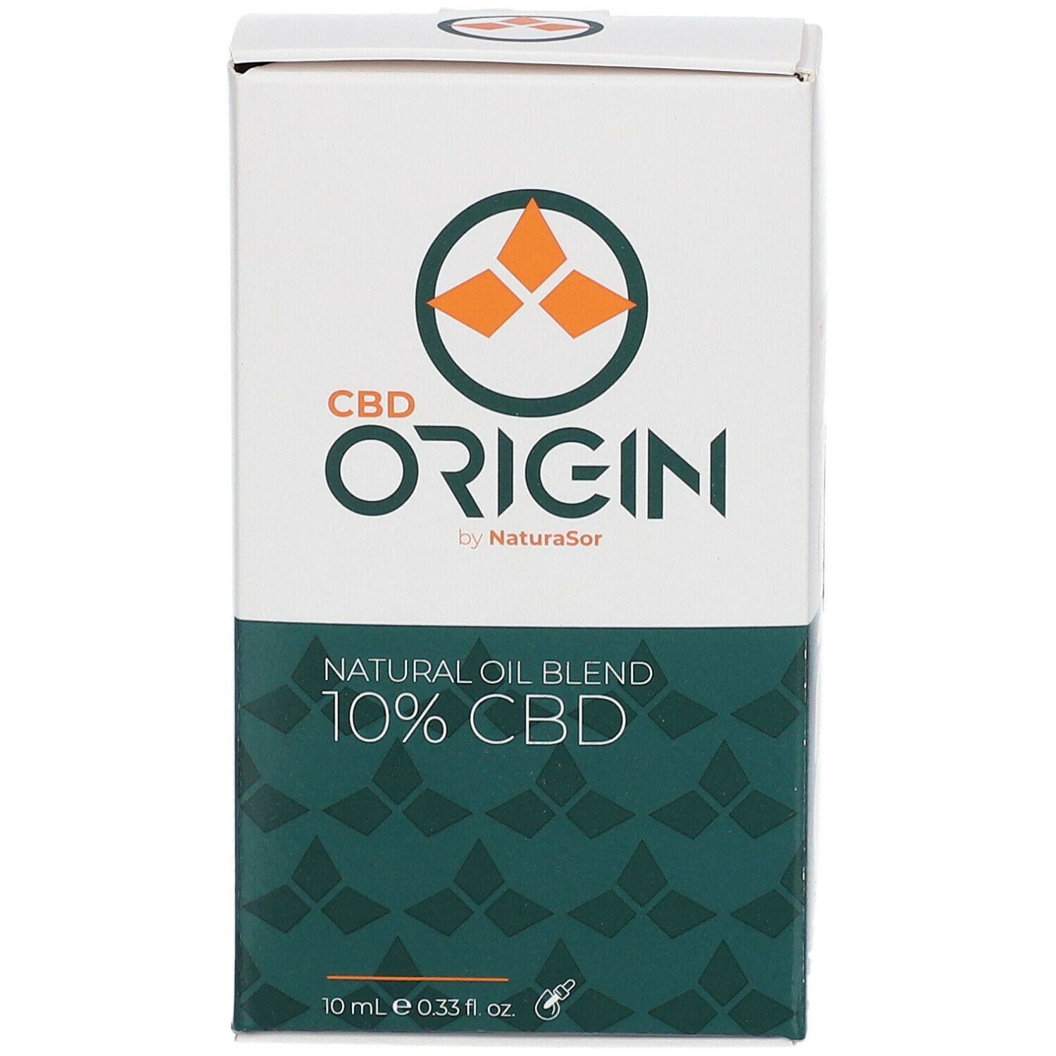 Kartonverpackung mit CBD Origin Natural Oil 10 %. Logo, Produktname und Inhaltsangaben auf der Vorderseite.