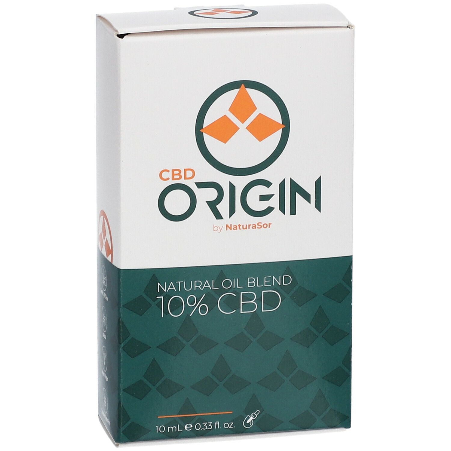 Kartonverpackung mit CBD Origin Natural Oil 10 %. Logo, Produktname und Inhaltsangaben auf der Vorderseite.